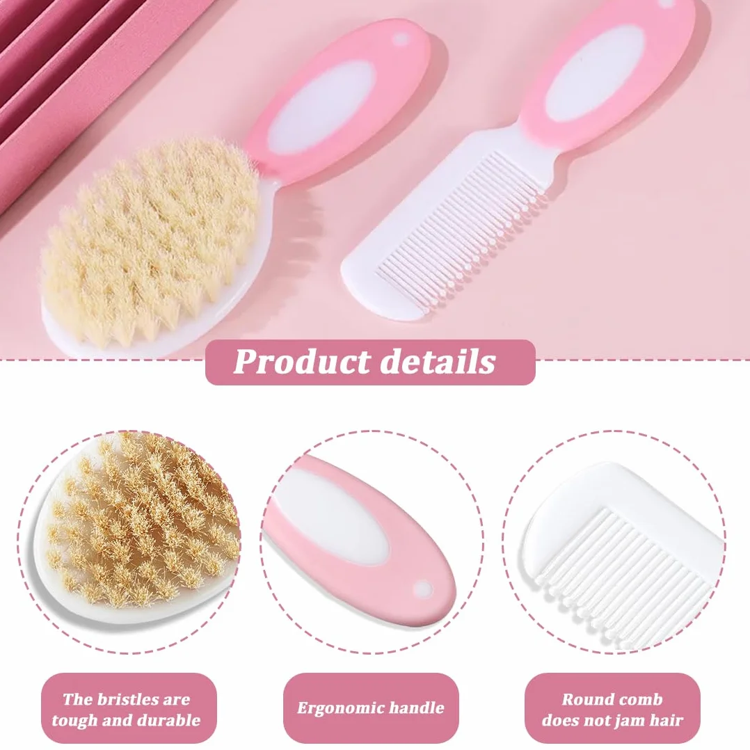 Set Spazzola e Pettine per Bambino,1 set,Spazzola Neonati con Morbide Setole Naturali, Pettine con Punte Arrotondate,regalo perfetto per la registrazione del bambino,Rosa