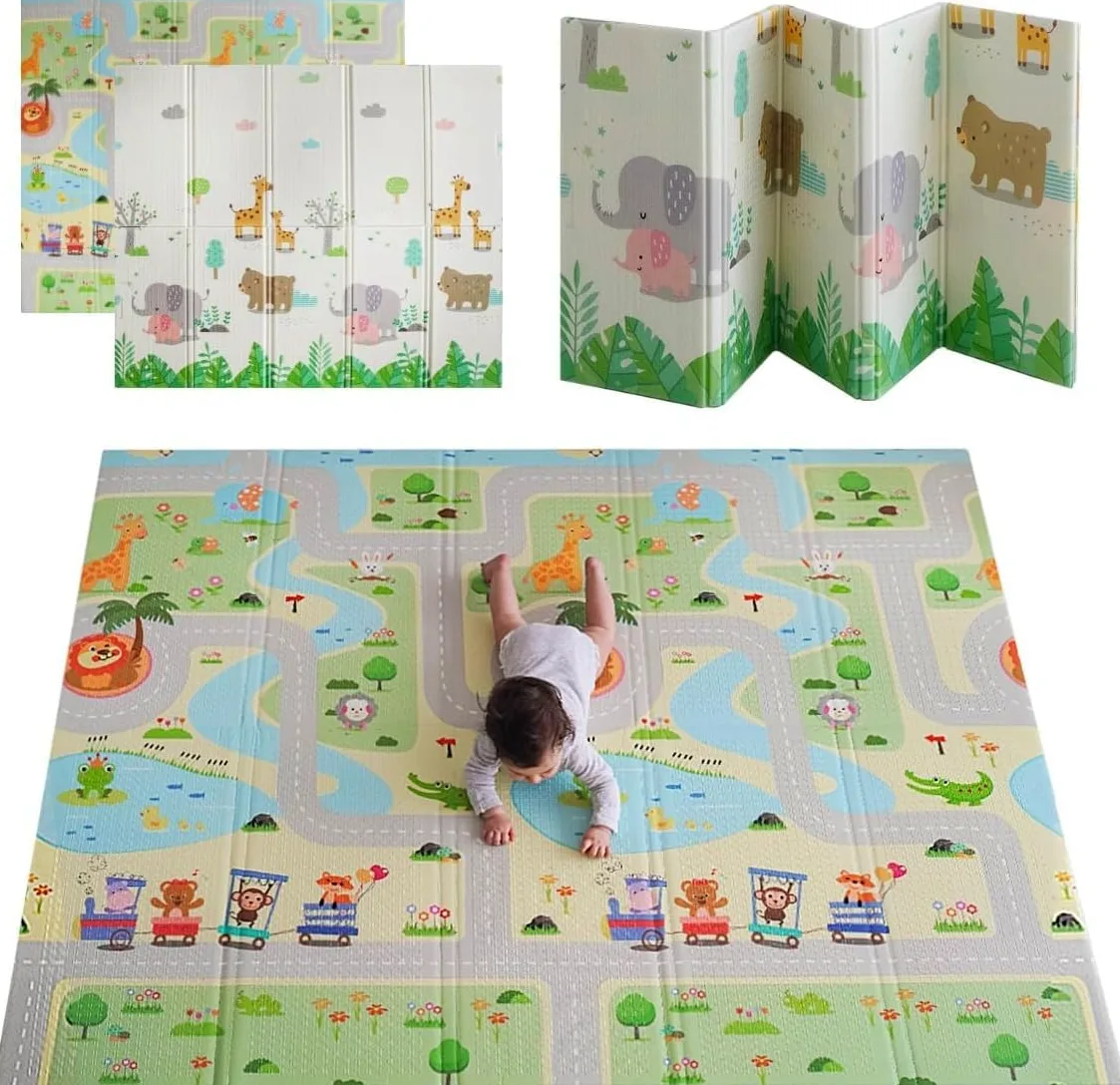 MIKMEL Tappetino da gioco per bambini (Strade/Animali, Grande)
