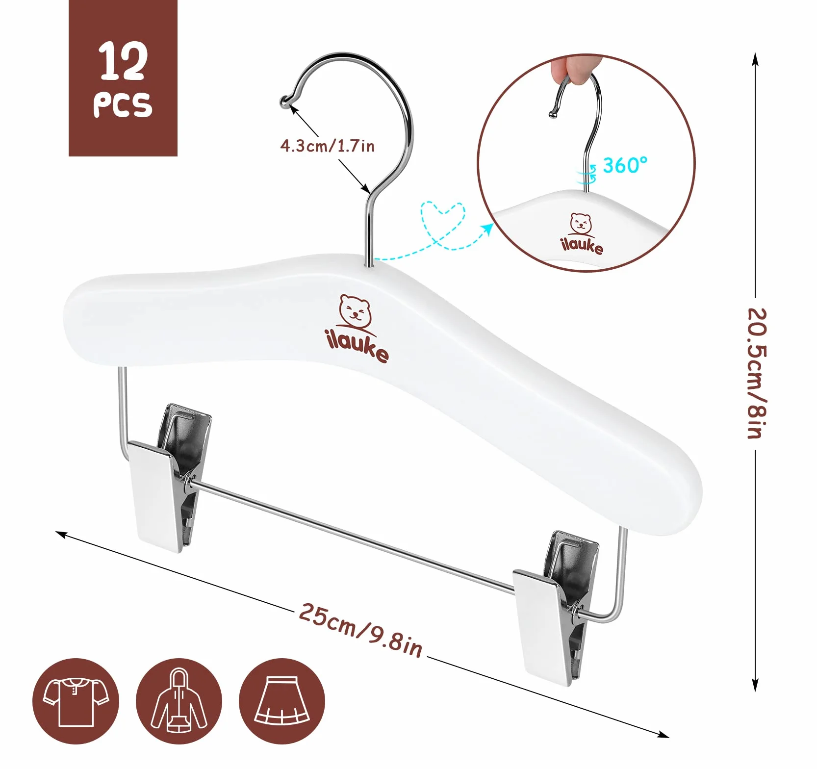 Grucce bianche per bambini, set di 12 grucce in legno scorrevoli, classiche e solide con rotazione a 360°, ideali per vestiti per neonati o bambini, lunghezza 25 cm