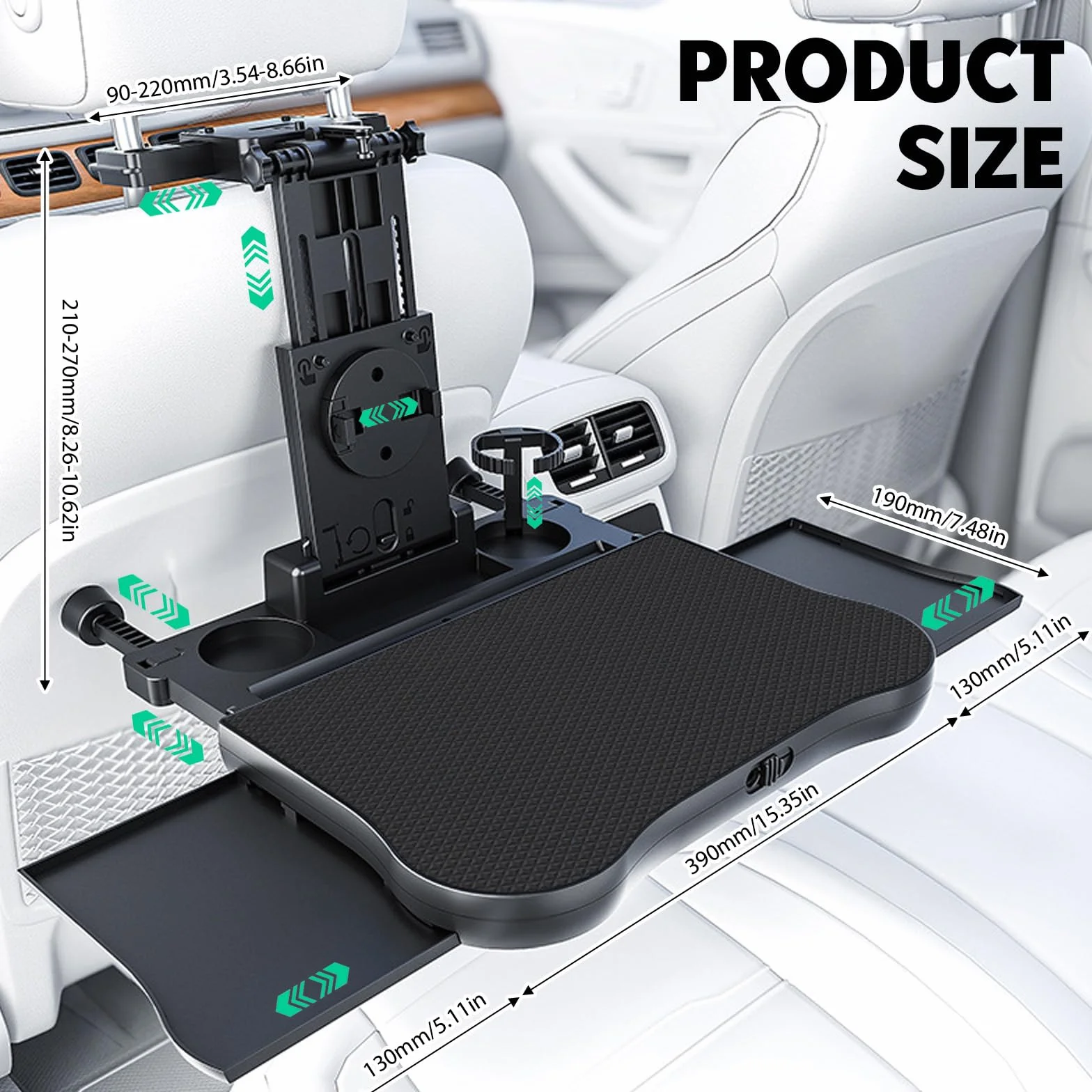 Tavolino Auto, Vassoio del Sedile Posteriore 'Automobile con Portabicchieri e Supporto, Pieghevole, Telescopico, per Viaggi, Lavoro, Cibo (Portata 20kg)