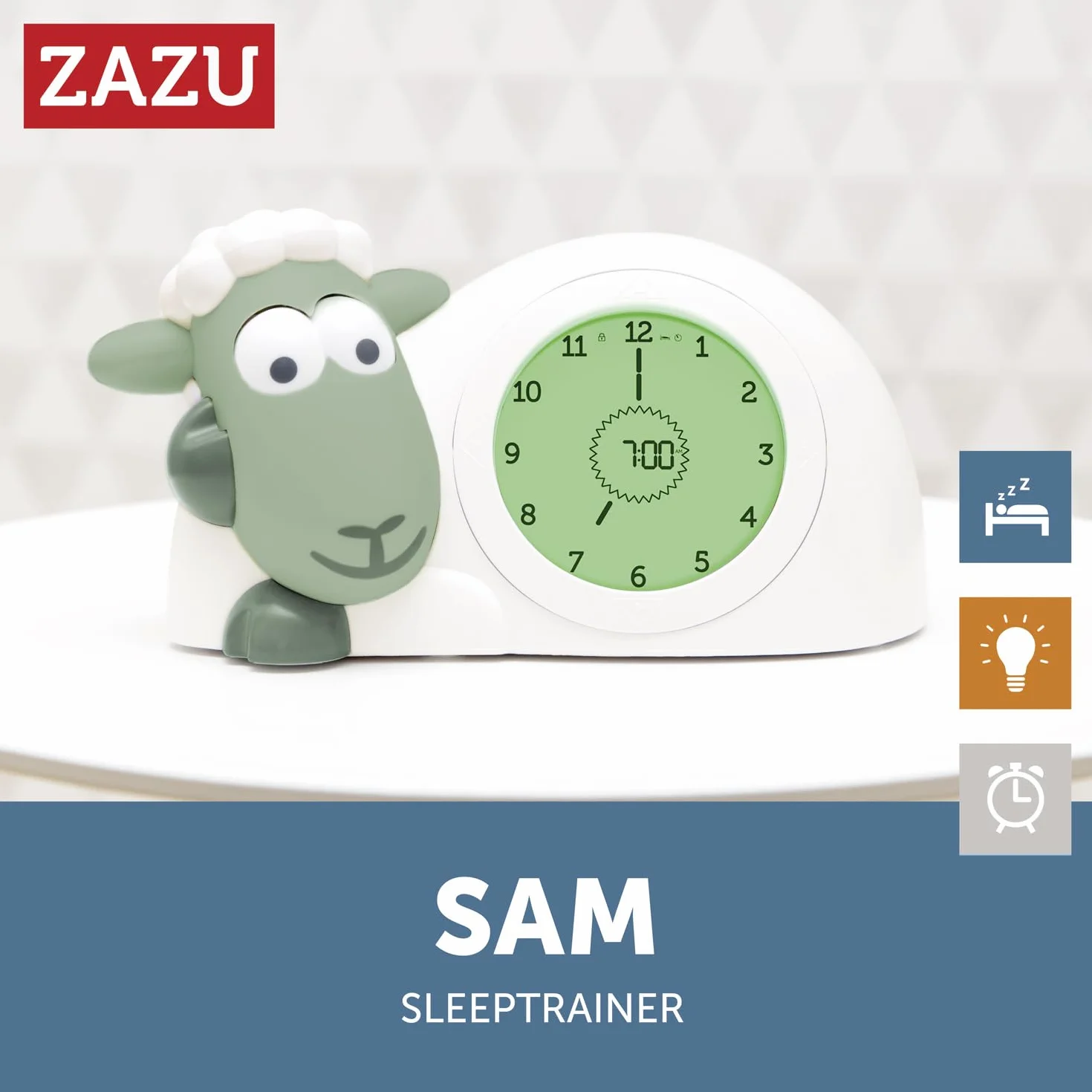 ZAZU Orologio Sam The Lamb – Orologio da letto e luce notturna per bambini | Insegna al tuo bambino con indicatori visivi quando svegliarsi | Luminosità regolabile | Spegnimento automatico (Sage)