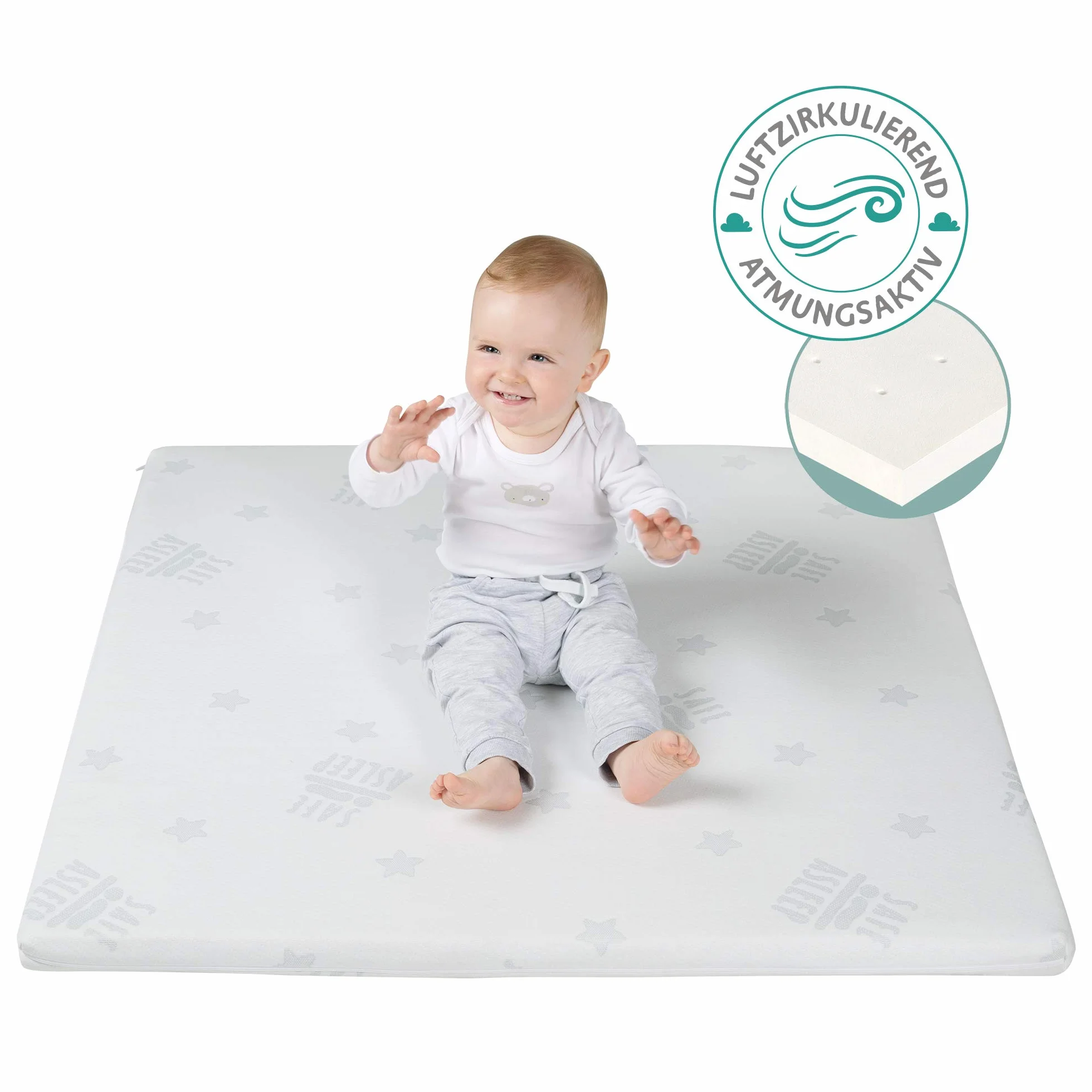 roba Materasso per Box safe asleep Air, Rettangolare, 75 x 100 cm, Rivestimento in Jacquard, Imbottito, Sfoderabile e Lavabile, con Zip, Bianco