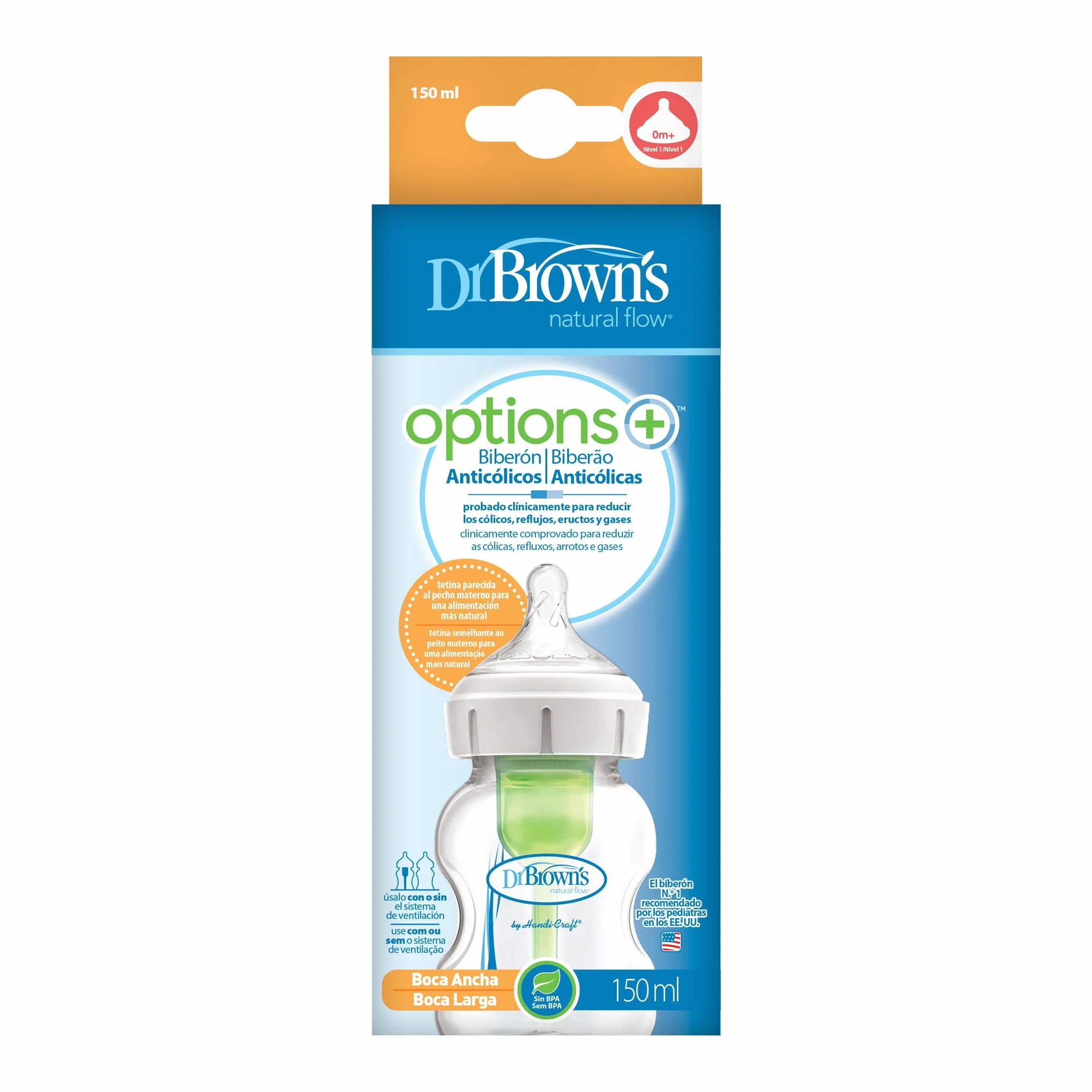 Dr. Brown'S Options +, Biberon a bocca larga, 150 ml, trasparente