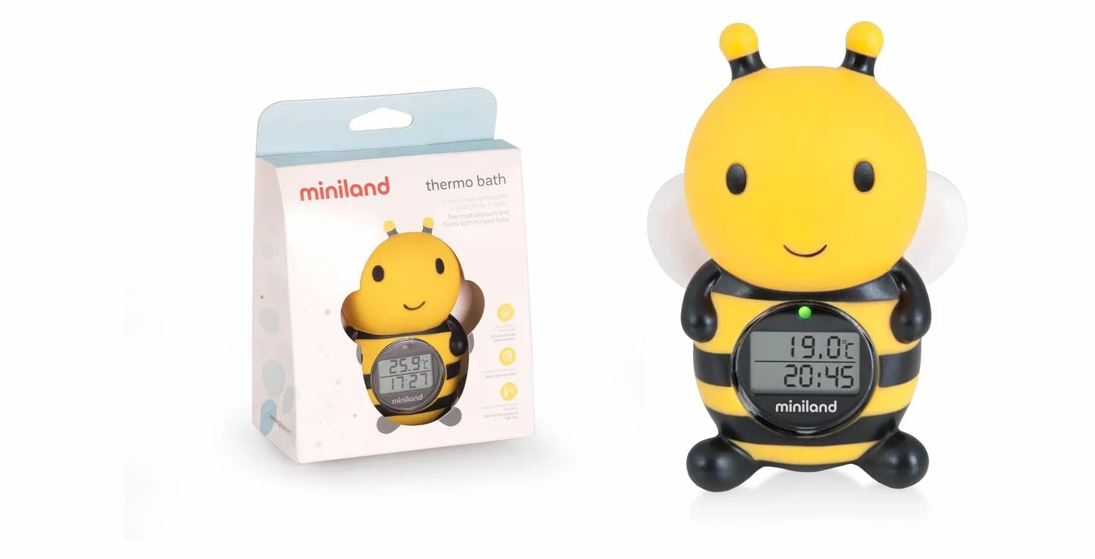 Miniland Termometro da bagno per neonati con divertente design a forma di ape, termometro da vasca per neonati, display con funzione orologio e timer, galleggiante e resistente all'acqua | Bee
