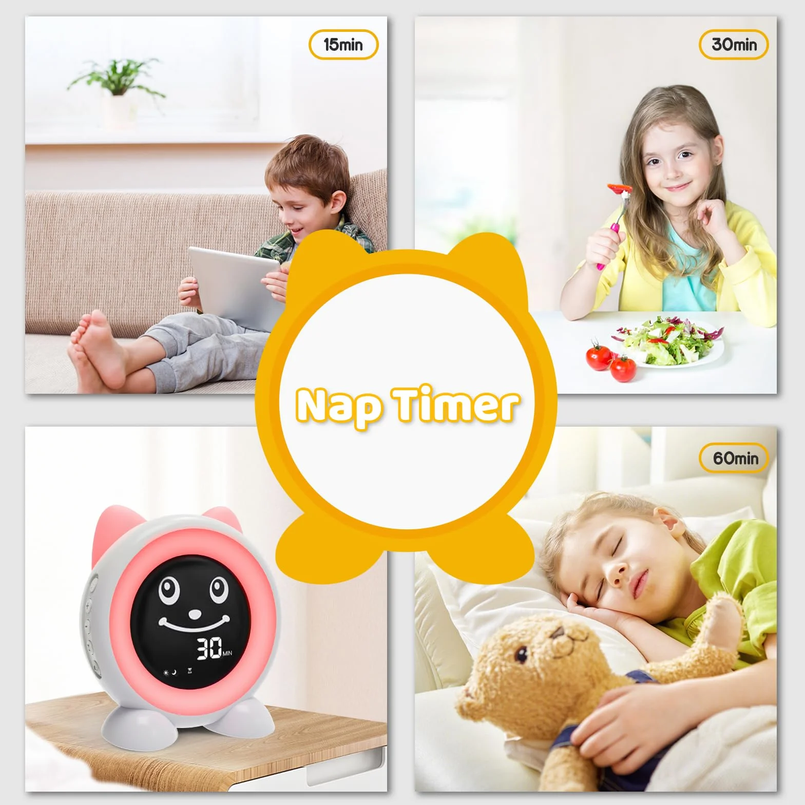 I·CODE Sveglia per bambini, con luce notturna, timer per pisolini, snooze per bambini più piccoli, ragazzi e ragazze (versione a batteria)