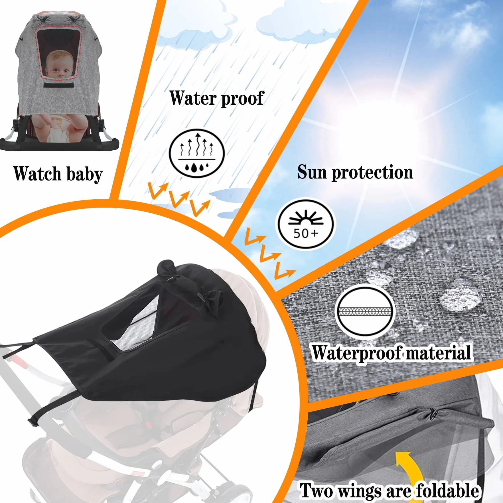 Parasole per Passeggino,Parasole per Carrozzina,Parasole Passeggino Universale,Universale Regolabile UV 50+,ala Laterale Parasole,con Finestrino e Funzione,Protezione Solare Parasole Passeggino