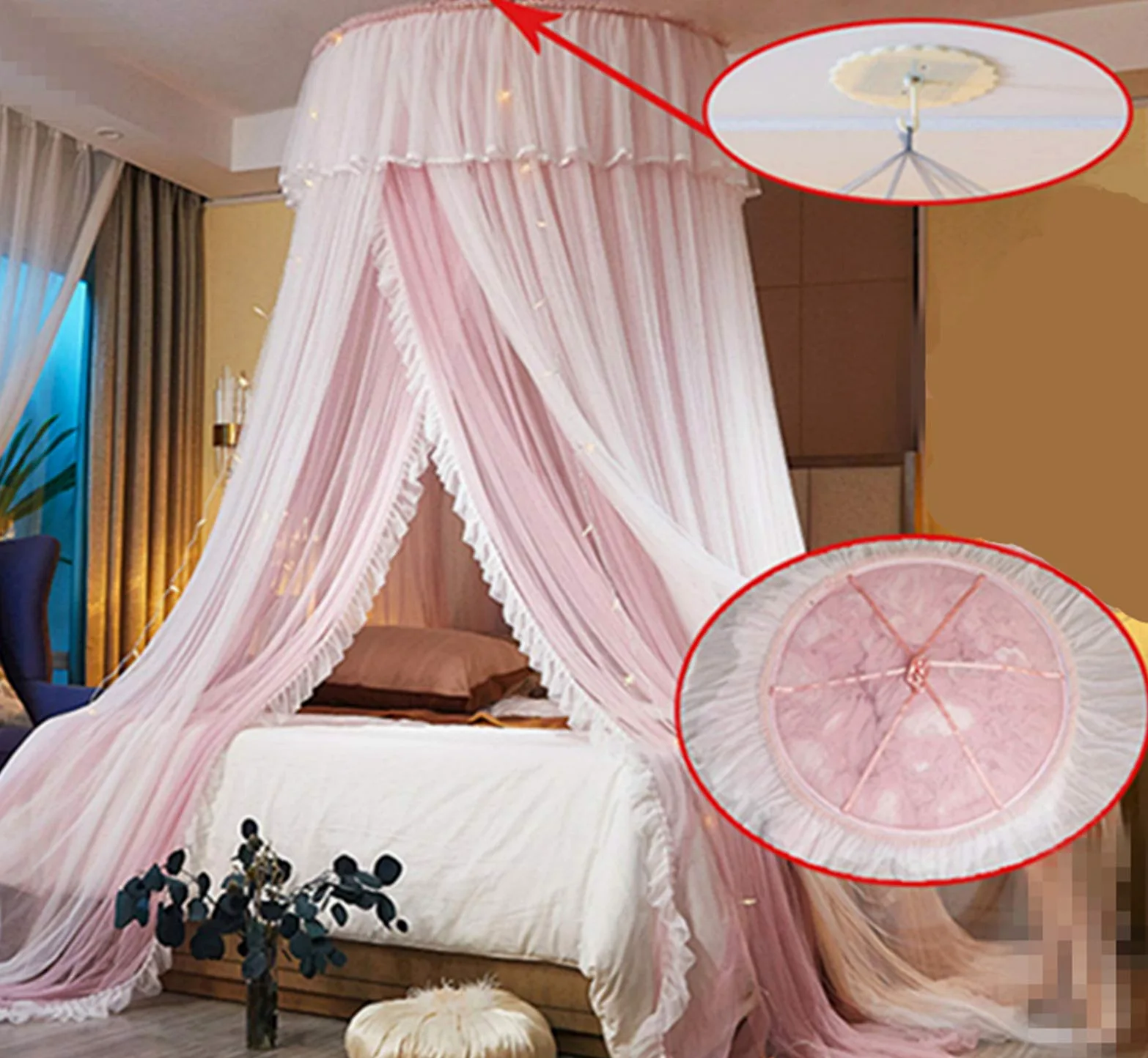 VARWANEO Tenda a baldacchino per letto da principessa, tenda a baldacchino a doppio strato in rete velata, zanzariera per letto matrimoniale, king size, rosa e bianco