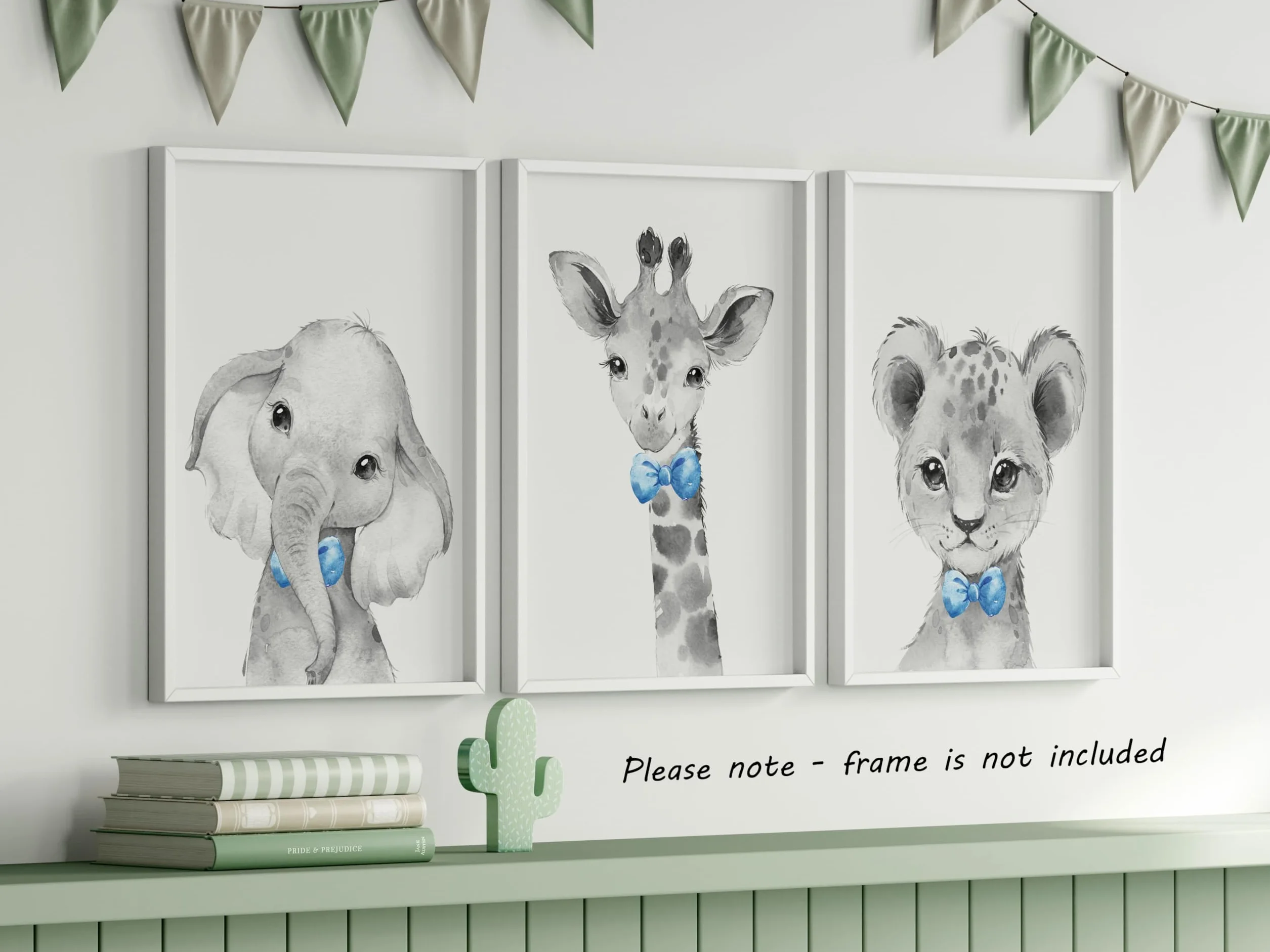 Eviepops Prints Set di 3 Stampe Safari Cameretta Bambini, Poster Animali Elefante Leone Giraffa con Fiocchi Azzurri, Senza Cornice, Decorazione Parete, Idea Regalo Neonato(A3)