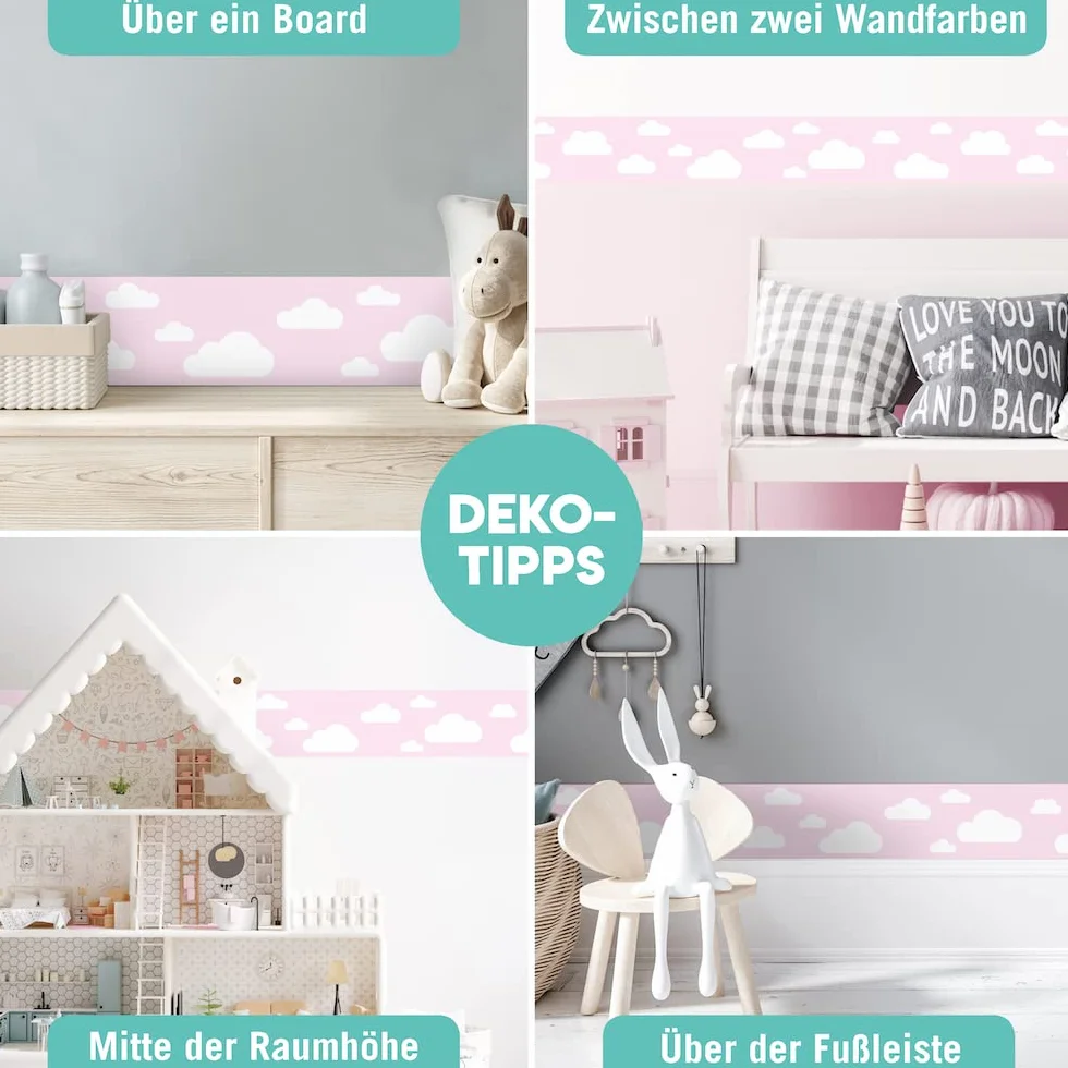 bordo autoadesivo, 450 x 11,5 cm, con motivo di nuvole, rosa