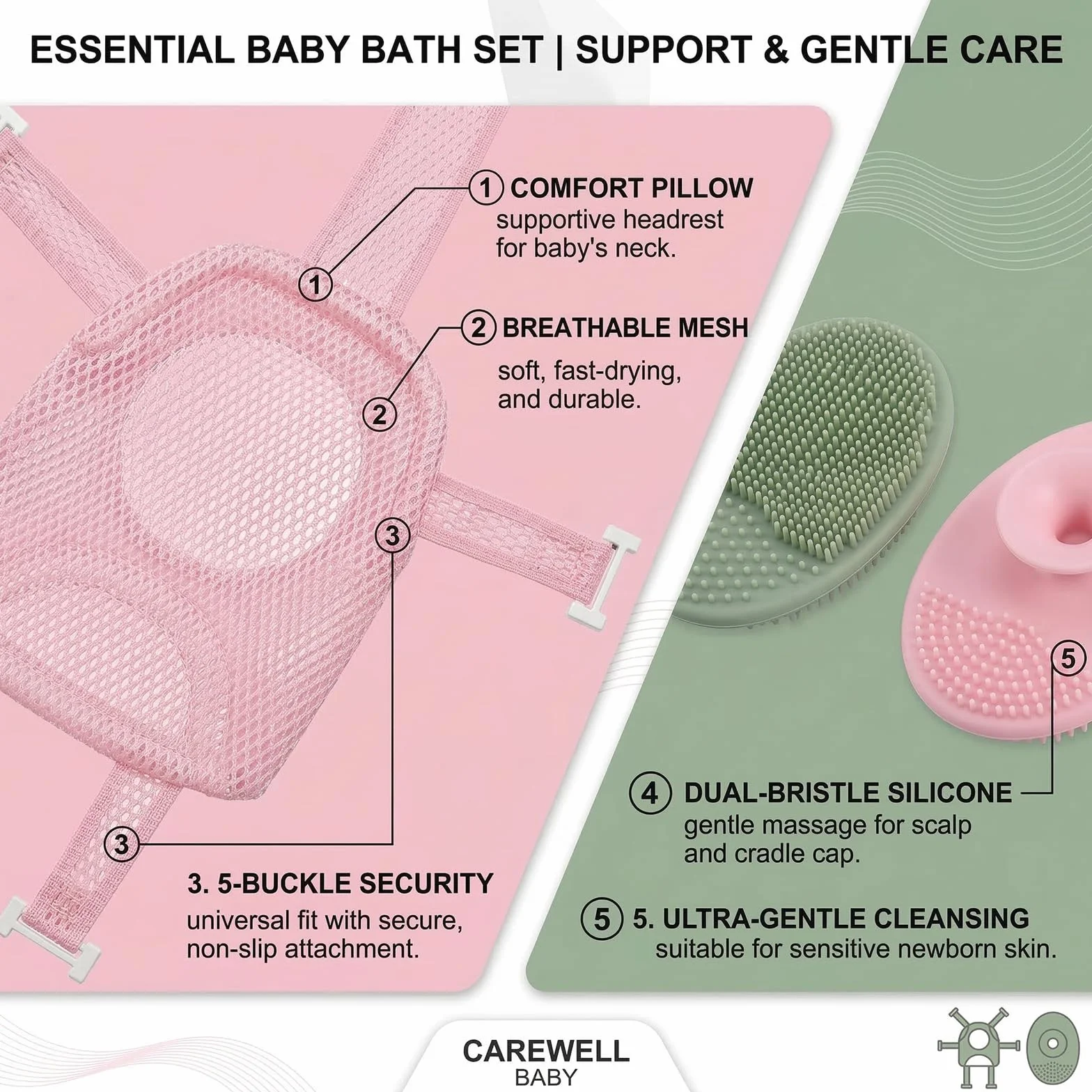 1 pezzo Cuscino per il bagnetto del neonato, Supporto per neonati, Rete antiscivolo, Due spazzole per shampoo incluse, Tappetino da bagno galleggiante per bambini (5 angoli)(Rosa)