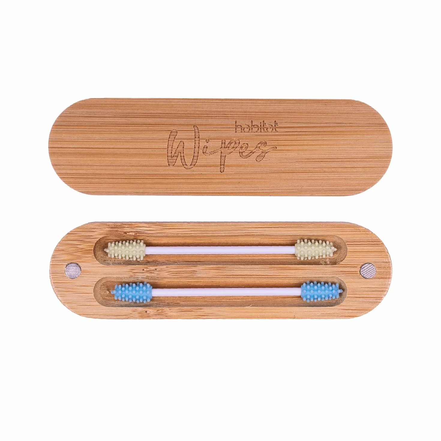 Habitat Wipes - Cotton Fioc Riutilizzabili per orecchie in Scatola di bambu - Materiale Ecologico in Silicone Reusable Biodegradabili Lavabili Eco-Friendly - Verde e Blu