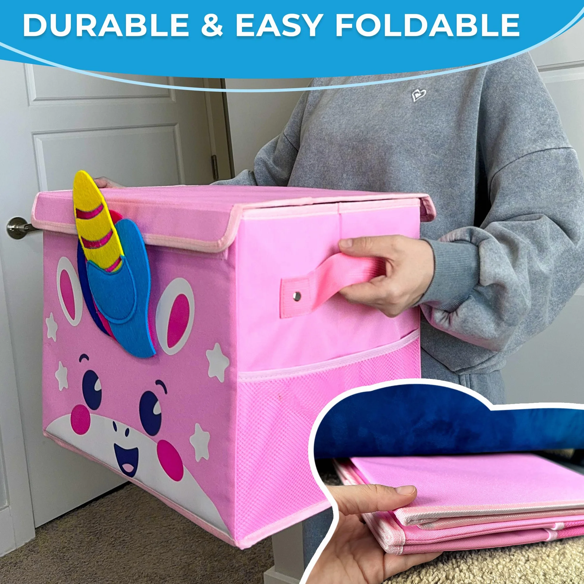 QUOKKA Katabird Toy Storage Box for Boys and Girls - Organizador de juguetes para niños (16 x 12 x 8 cm, plegable, asas, tapa abatible), diseño plegable (Unicorno, Piccolo)