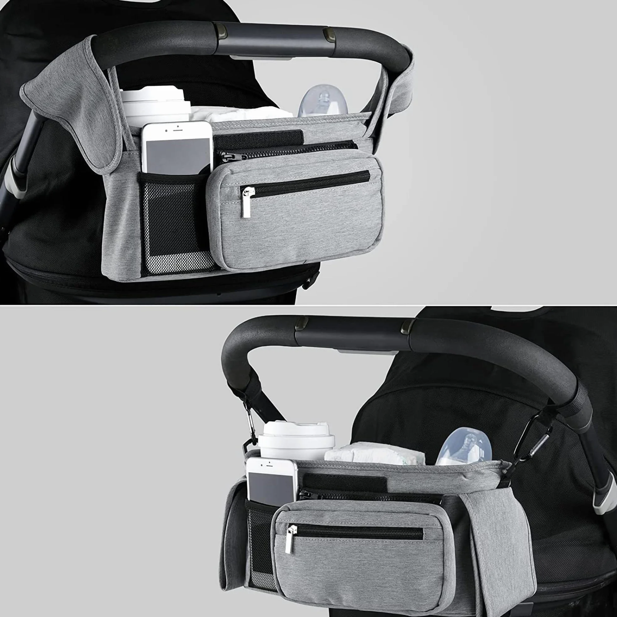 Bebamour Organizzatore per passeggino e ganci per passeggino 2PCS Borsa per carrozzina Organizzatore per passeggino Borsa di stoccaggio con tasca staccabile Tasca per cellulare Organizzatore,Grey