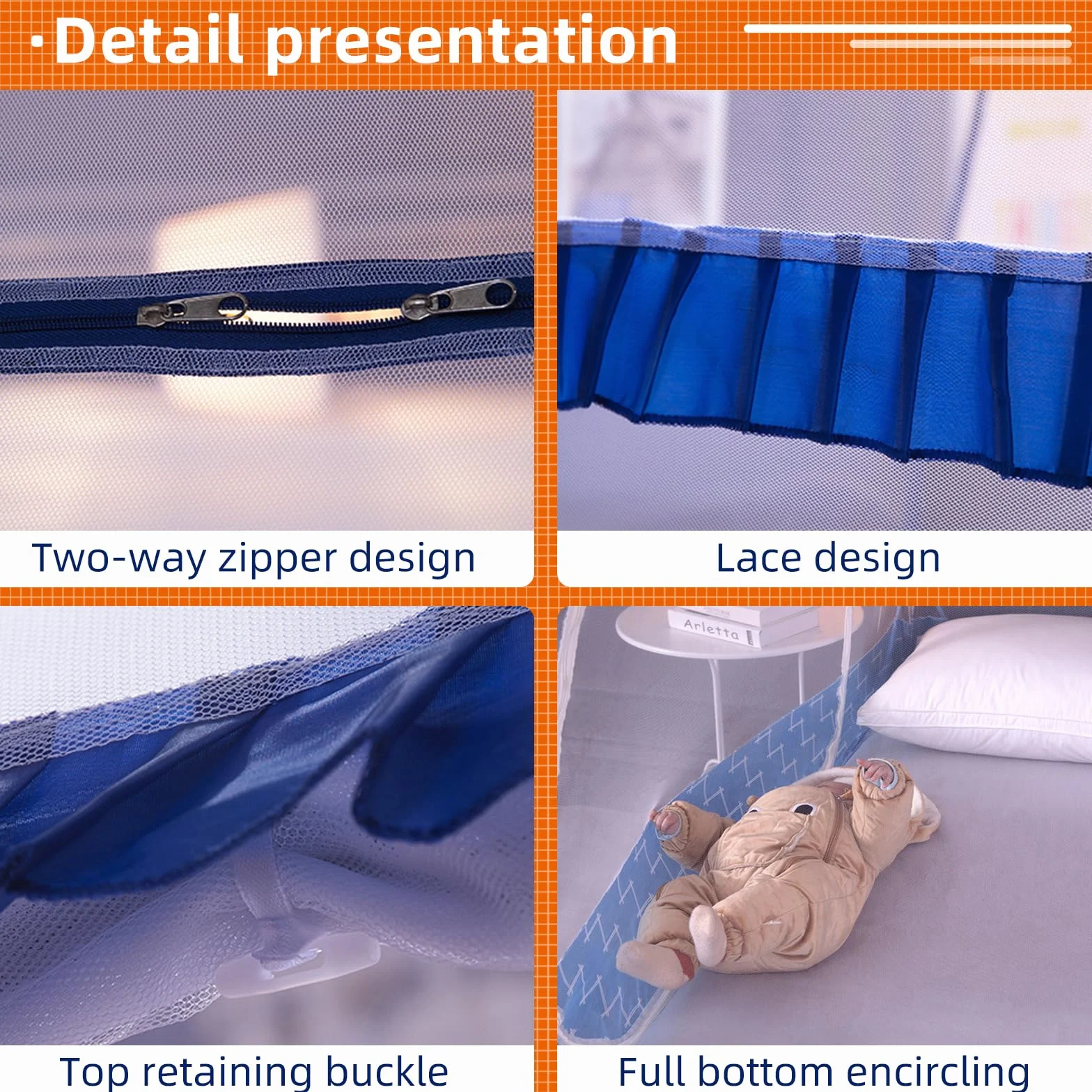 Zanzariera Letto, Zanzariere Pieghevole,zanzariera da viaggio portatile con cerniera a doppia anta,Facile da Installare, Efficace contro le Punture di Zanzara (Blu,195 * 100 * 110cm)