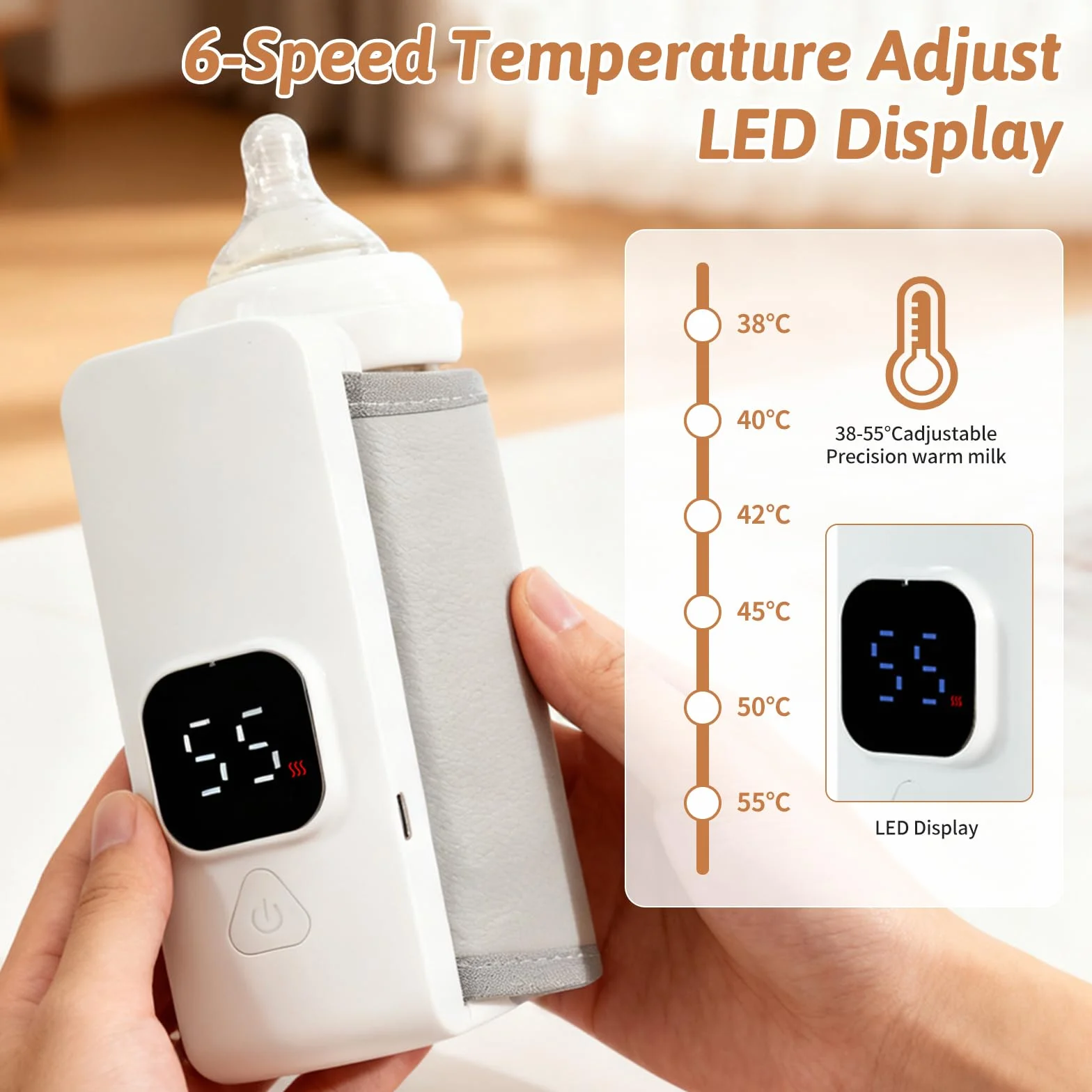 Scaldabraccia portatile, 38-55 ℃, regolabile, con indicatore LED, ricaricabile tramite USB, per latte materno e latte