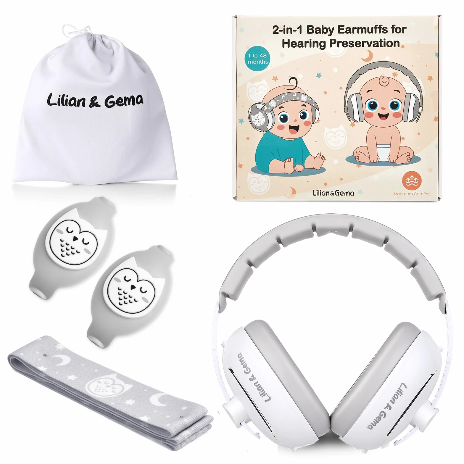 Lilian&Gema 2 in 1 Cuffie Neonato Antirumore -25dB,Protettori acustici per neonati, archetto regolabile, antiscivolo e antistress, protezione acustica ideale per neonati fino a 48 mesi