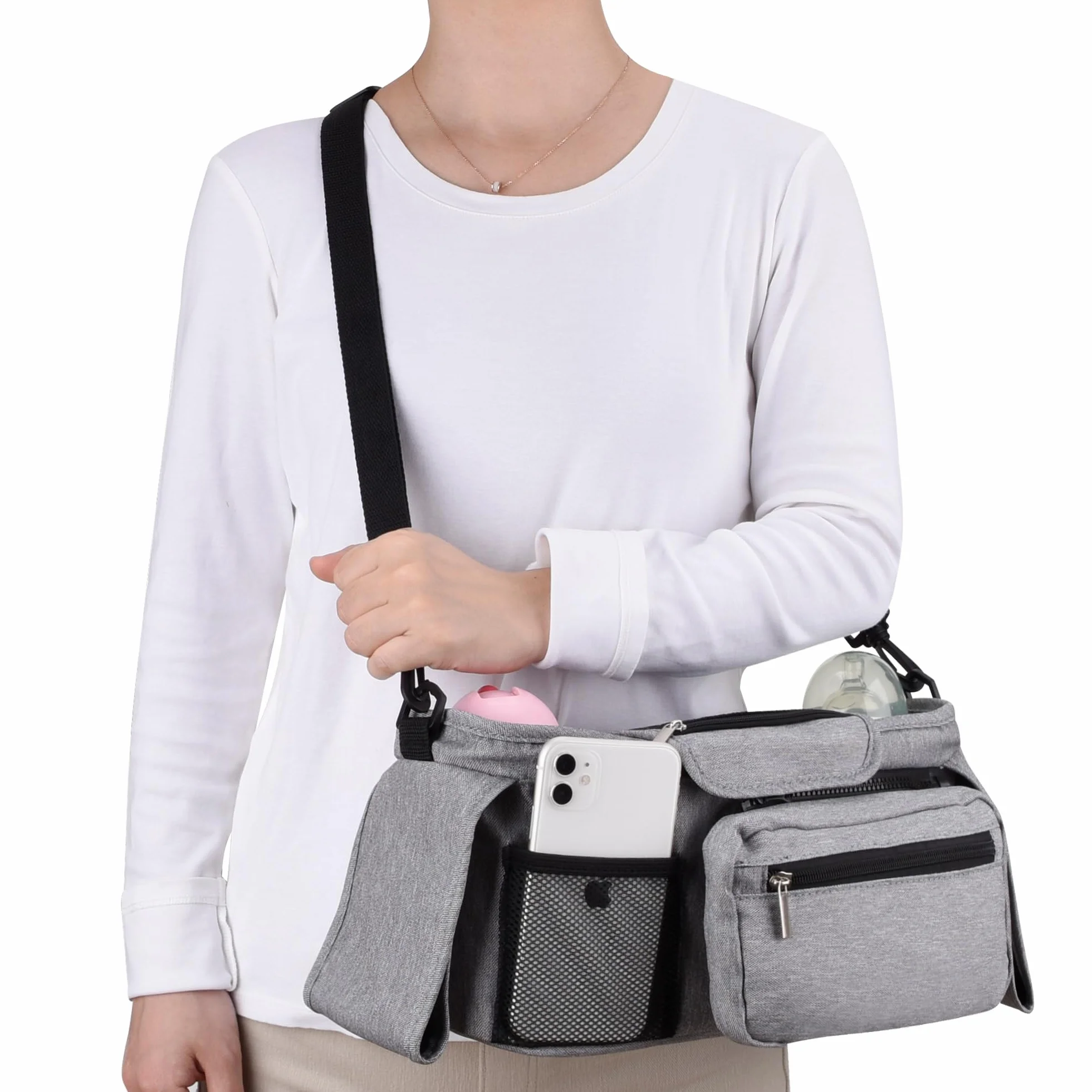 Bebamour Organizzatore per passeggino e ganci per passeggino 2PCS Borsa per carrozzina Organizzatore per passeggino Borsa di stoccaggio con tasca staccabile Tasca per cellulare Organizzatore,Grey