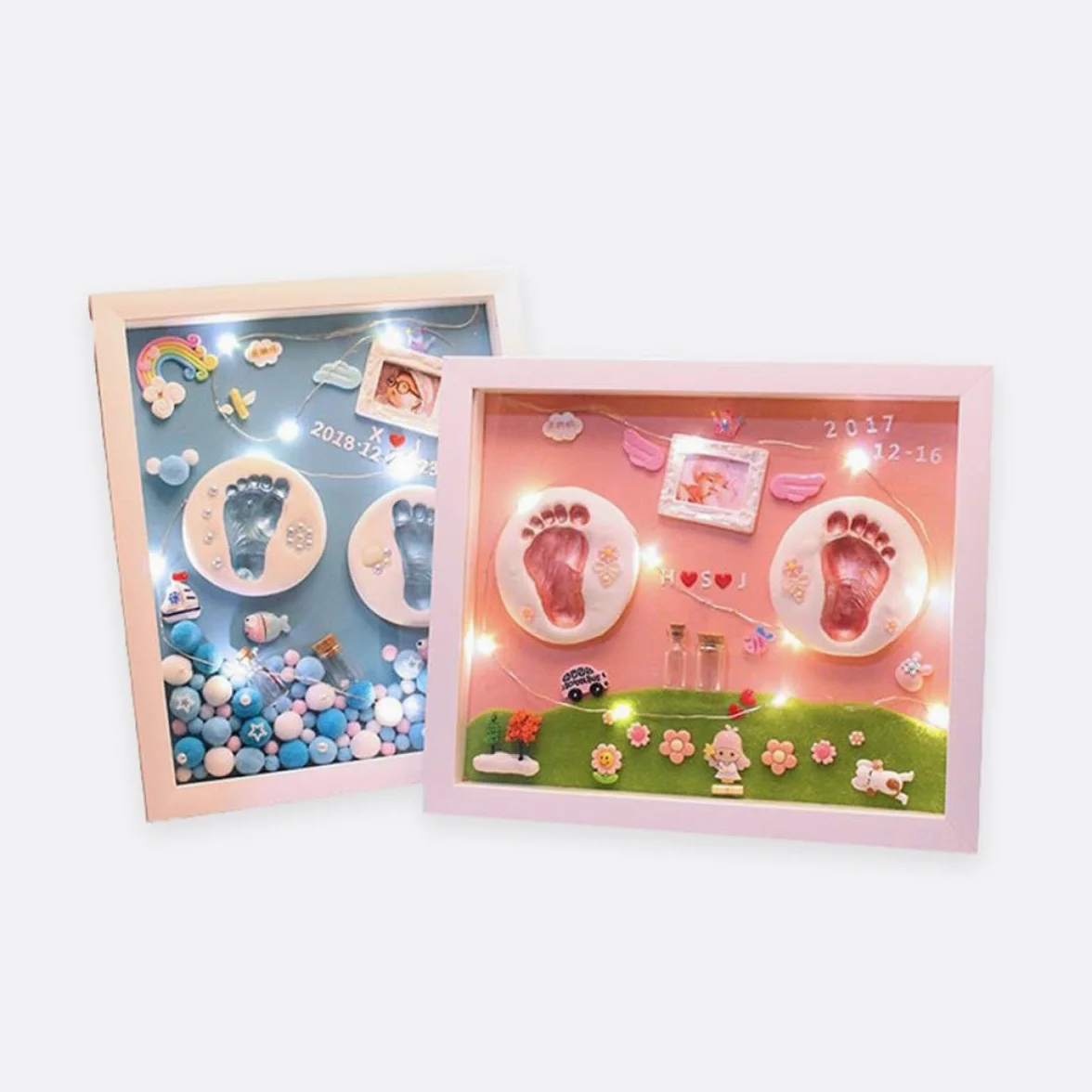 Cornice Portafoto Impronta della Mano e Piede del Set Ricordo Battesimo in Acrilico Resistente Confezione Regalo Blu per Genitori e Neonati