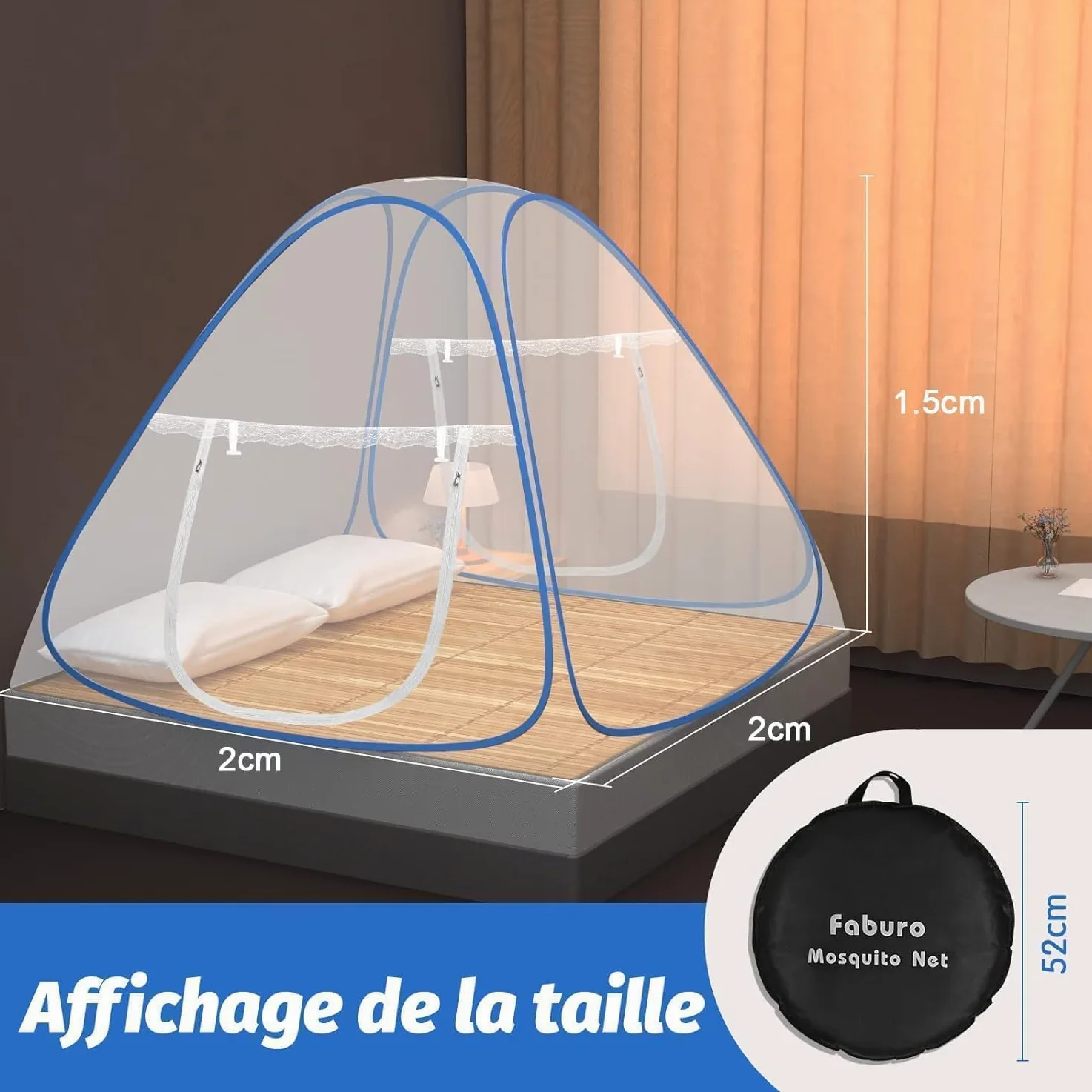 Faburo Zanzariera pieghevole, 2 m x 1,8 m x 1,5 m zanzariera a forma di cupola, chiusura a cerniera a doppia porta, campeggio, zanzariera, tenda portatile, zanzariera da viaggio, AGFAQC1202-FR-CDK03