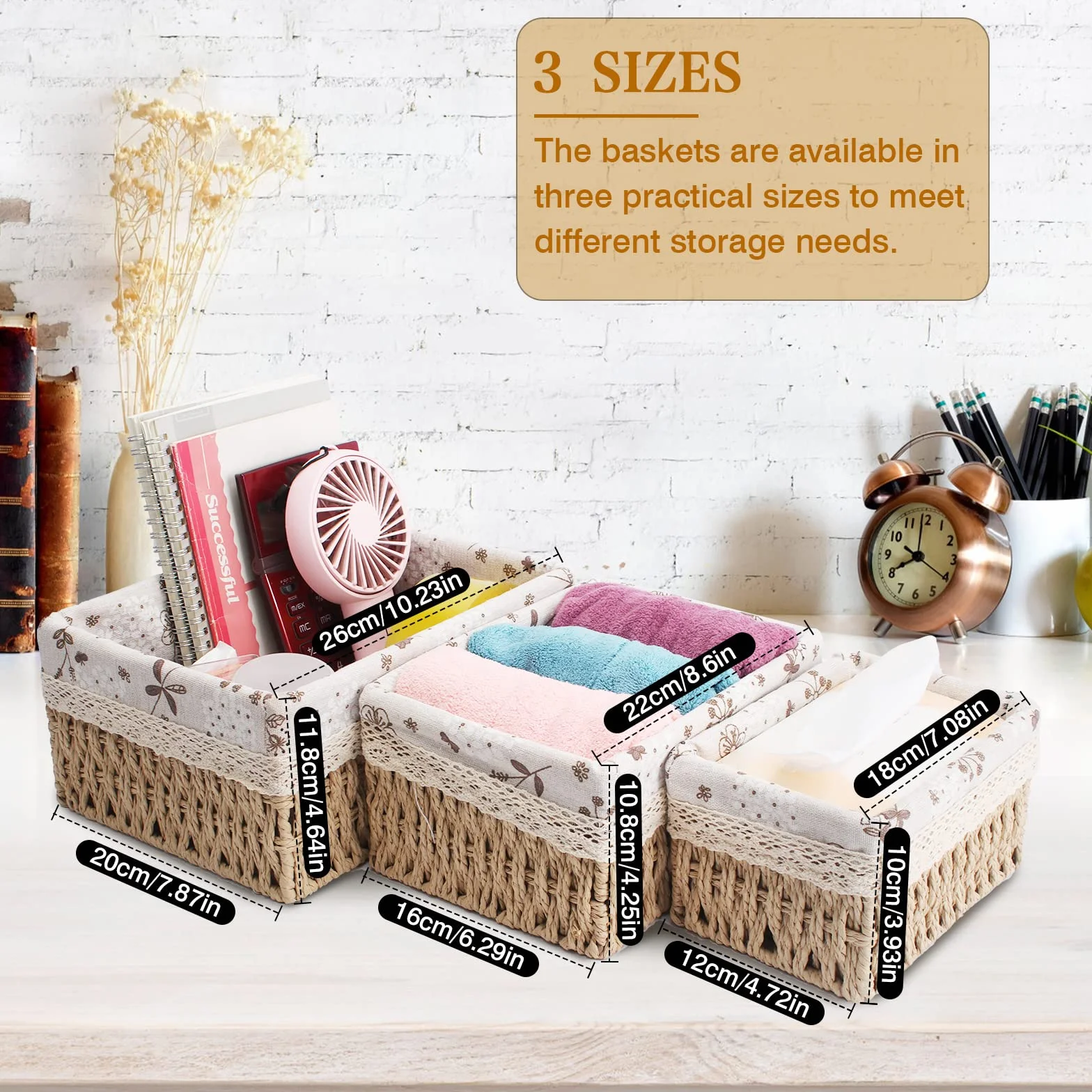 Set di 3 Cestini Portaoggetti Bambini, Cesto in Corda di Carta, Cestini di Stoccaggio, per Camerette, Bagno, Cassetti, Cucine, Soggiorno（Tre Dimensioni）