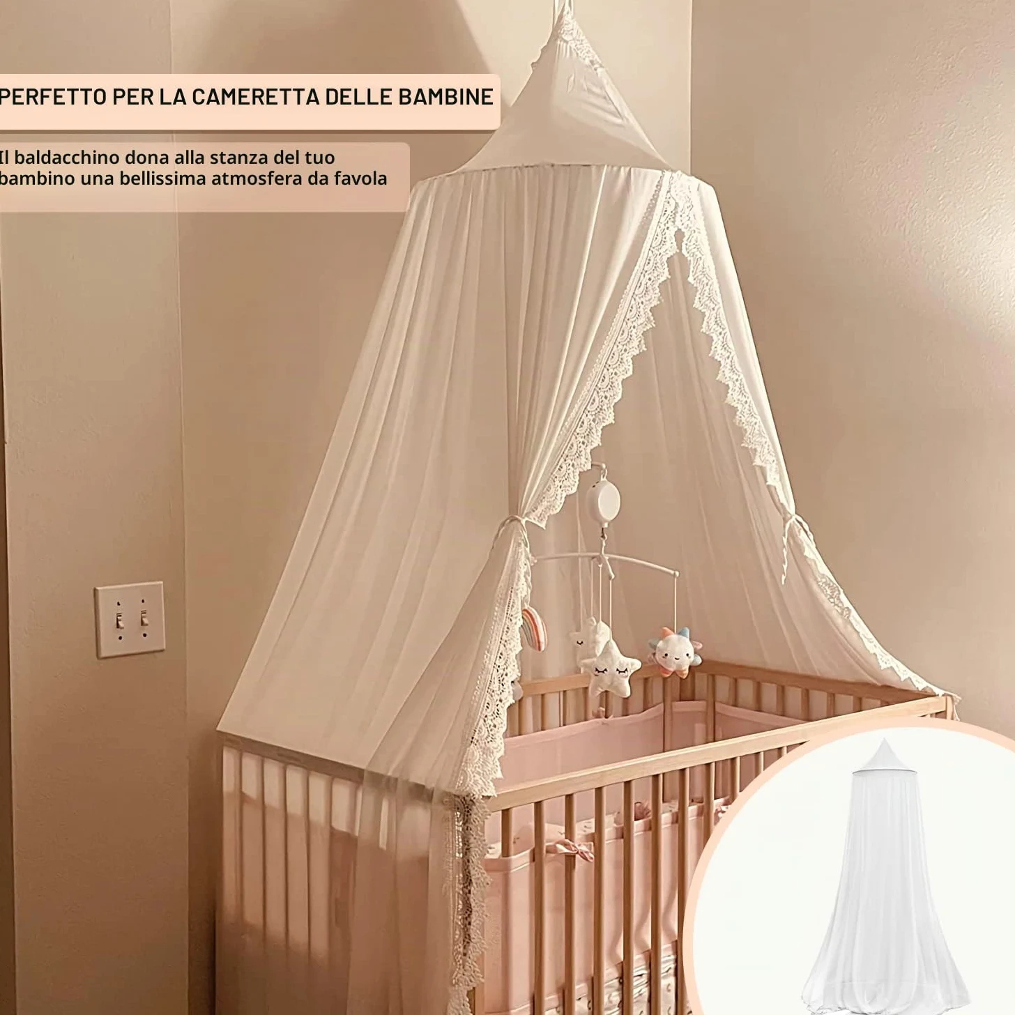 Baldacchino, baldacchino per cameretta dei bambini, baldacchino con pizzo pizzo, tende per letto a baldacchino per lettino da bambino, zanzariera Princess Bed Canopy