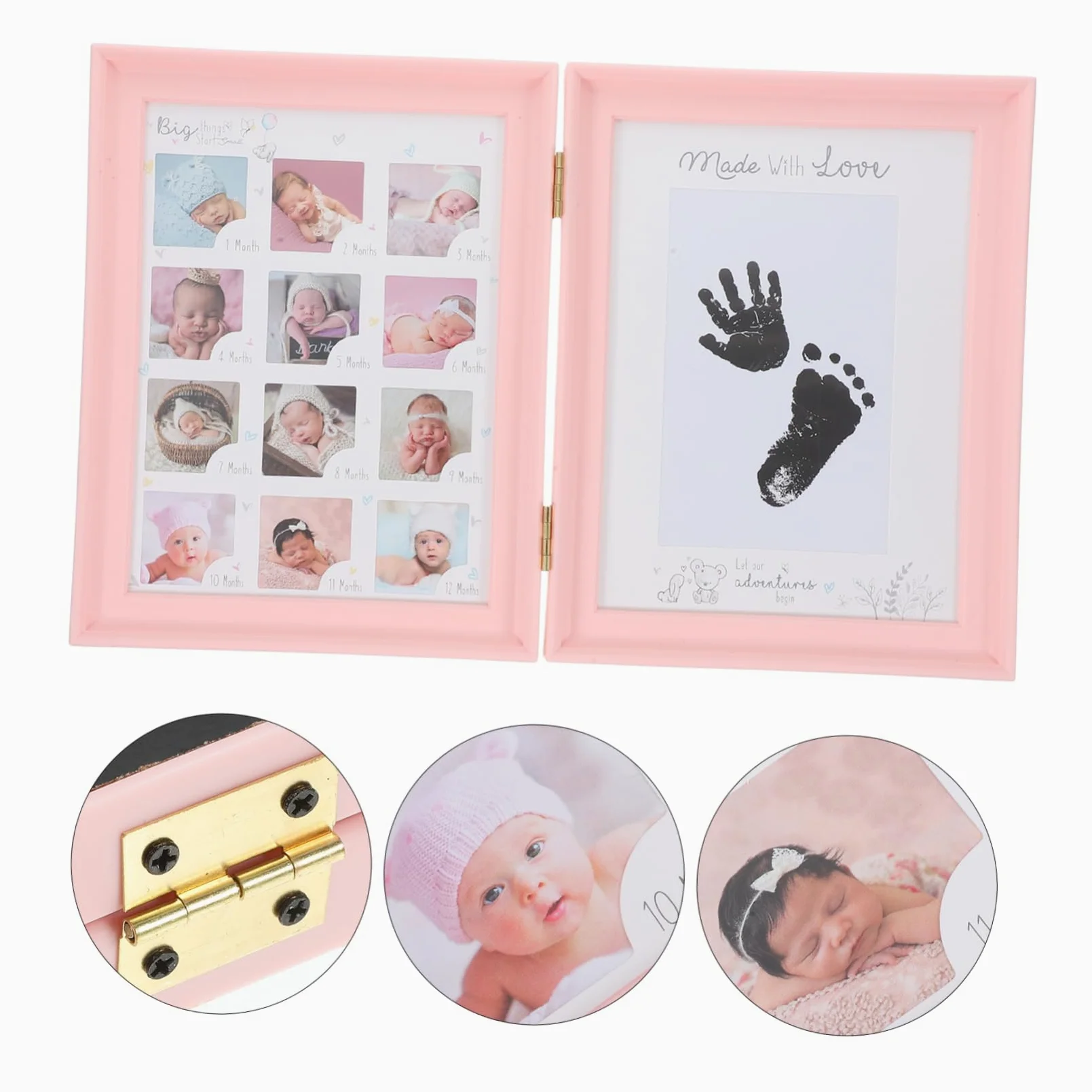Cornice Ricordo Crescita Bebè Rosa, Doppia Apertura, Kit Impronte Mani e Piedi, in Plastica Pvc e Cartone, Regalo Nascita e Compleanno