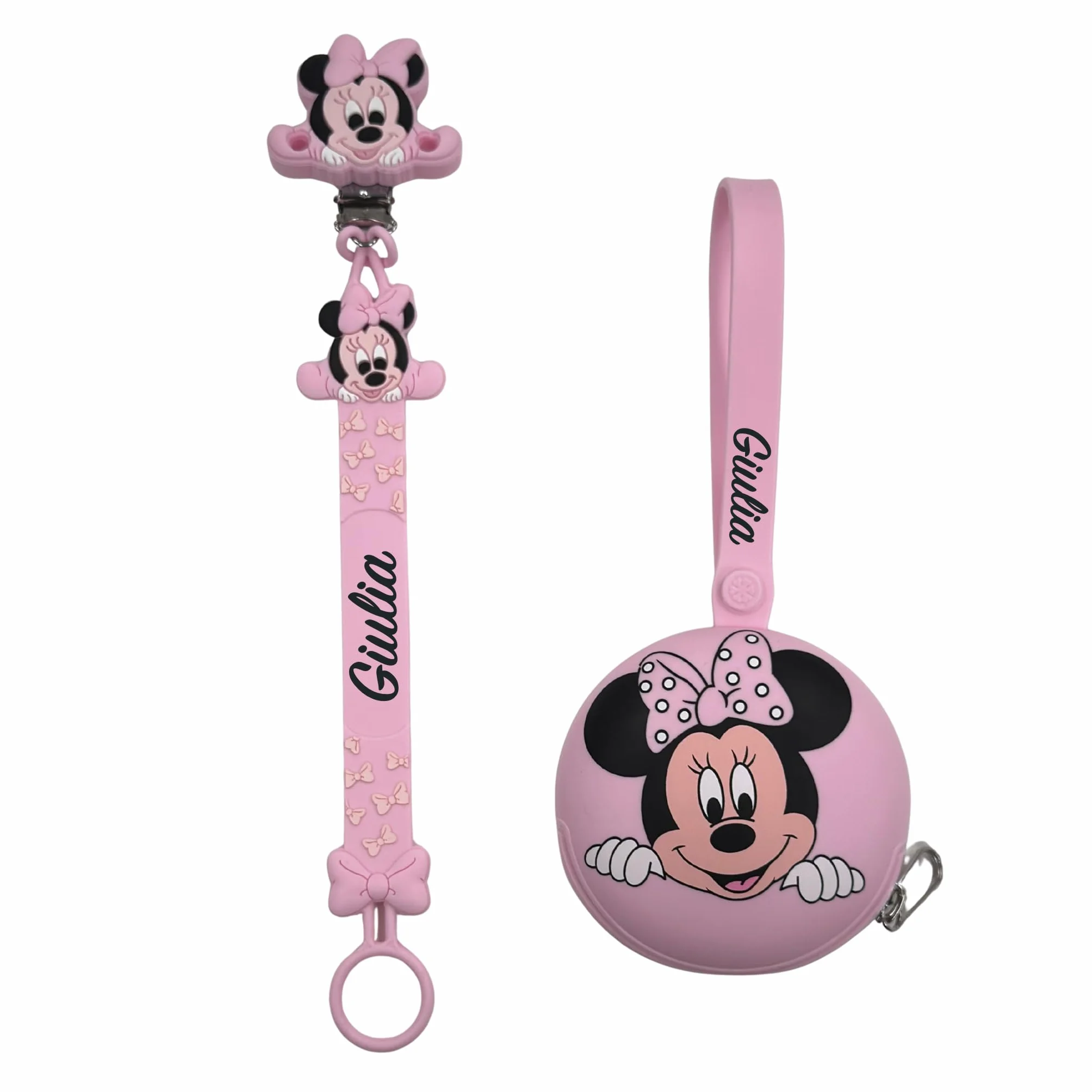 NOVITÁ Fettuccia IN SILICONE, Catenella portaciuccio personalizzata con nome FLAT BABYJART, lavabile, sicura per il bambino, compatibile con ciuccio MAM e CHICCO! (Minnie Rosa Pastello)