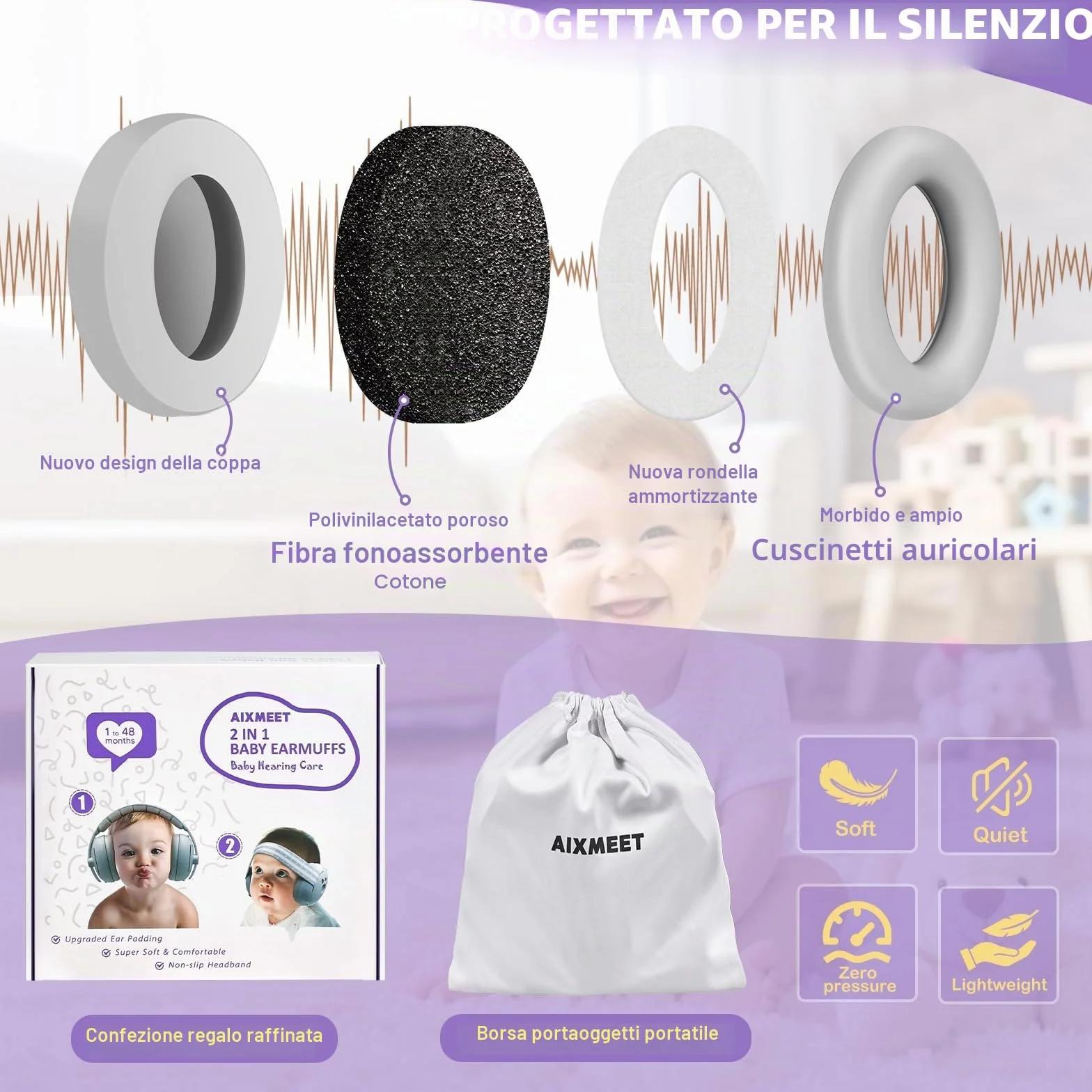 AIXMEET Paraorecchie 2 in 1 per bambini con riduzione del rumore, protezione acustica professionale per bambini da 0 a 36 mesi, riduce i danni all'udito e migliora il sonno