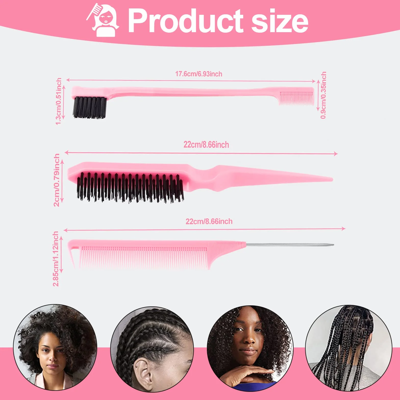 SWEET VIEW Spazzola Per Capelli In Setola 3 Pezzi Con Pettine A Coda Di Topo, Spazzola Per Gel Per Capelli Per Capelli Di Bambini E Peli Randagi - Rosa