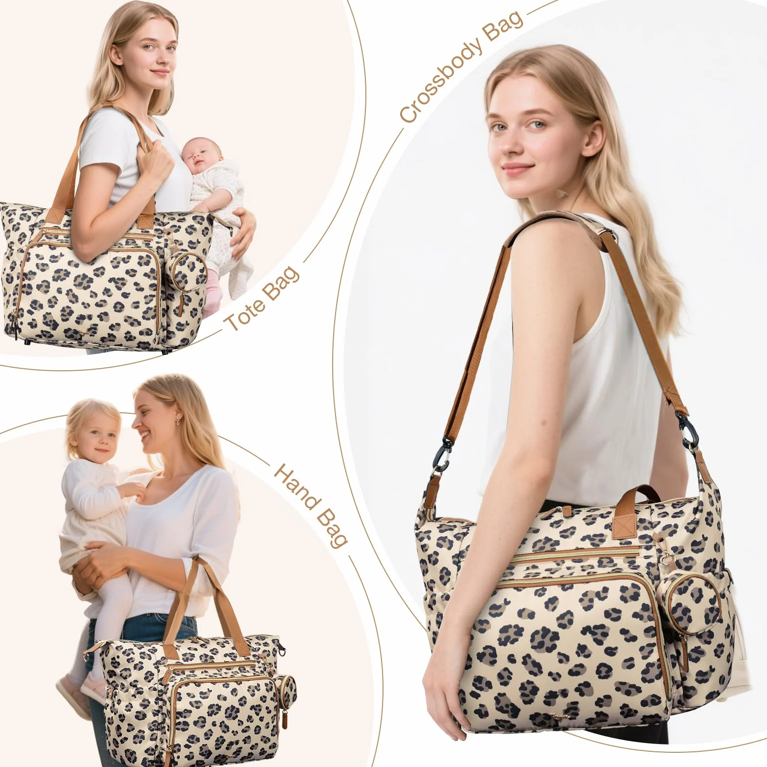 Borsa fasciatoio con borsa per ciuccio e fasciatoio, zaino multifunzione per pannolini da viaggio per mamma e papà, con leopardo isolato