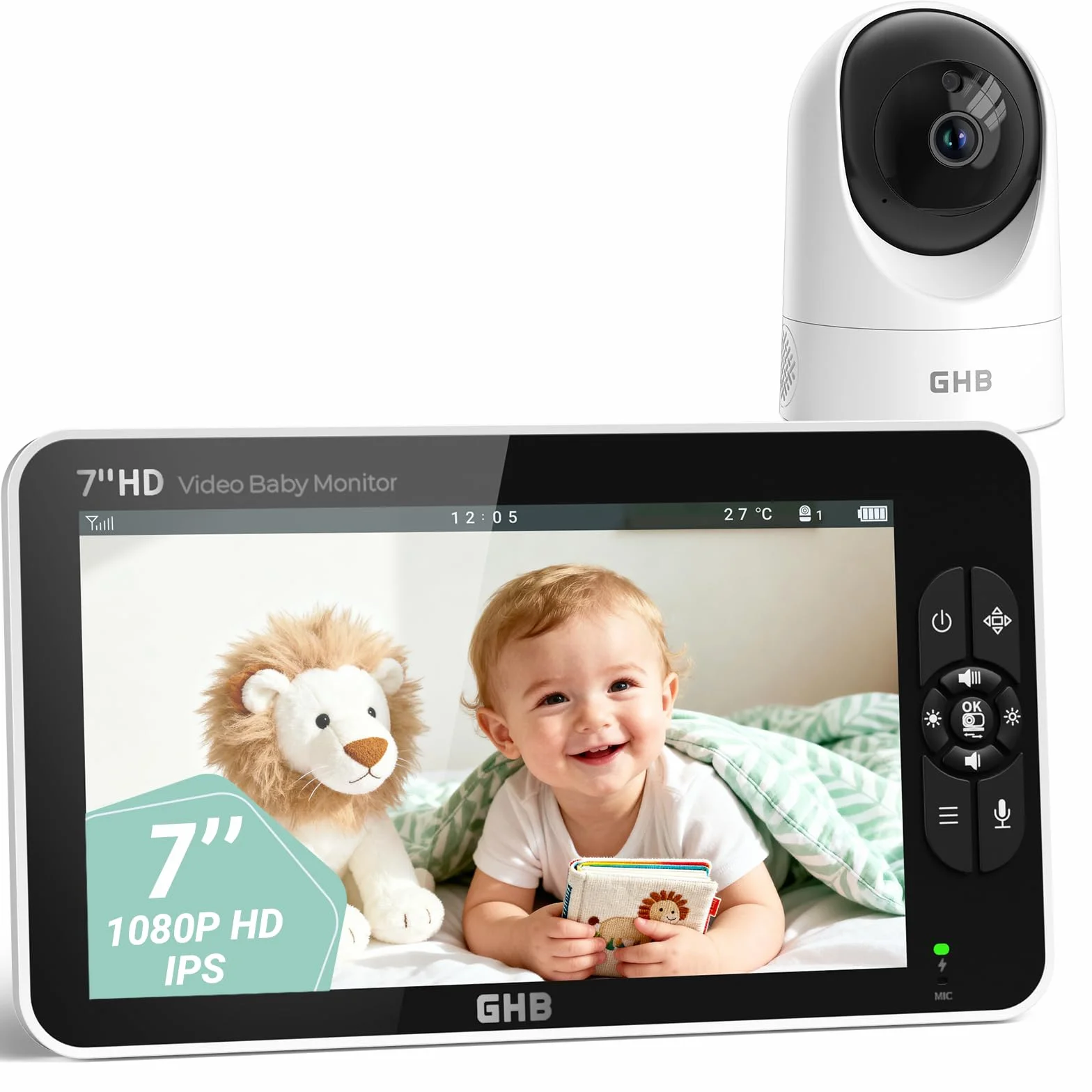 GHB Baby Monitor Video e Audio Schermo 7'', 168 Ore di Autonomia, 350°/90°, 1080P, 4000mAh, Modalità VOX, Visione Notturna, Rilevamento della Temperatura, Visualizzazione a Schermo Diviso
