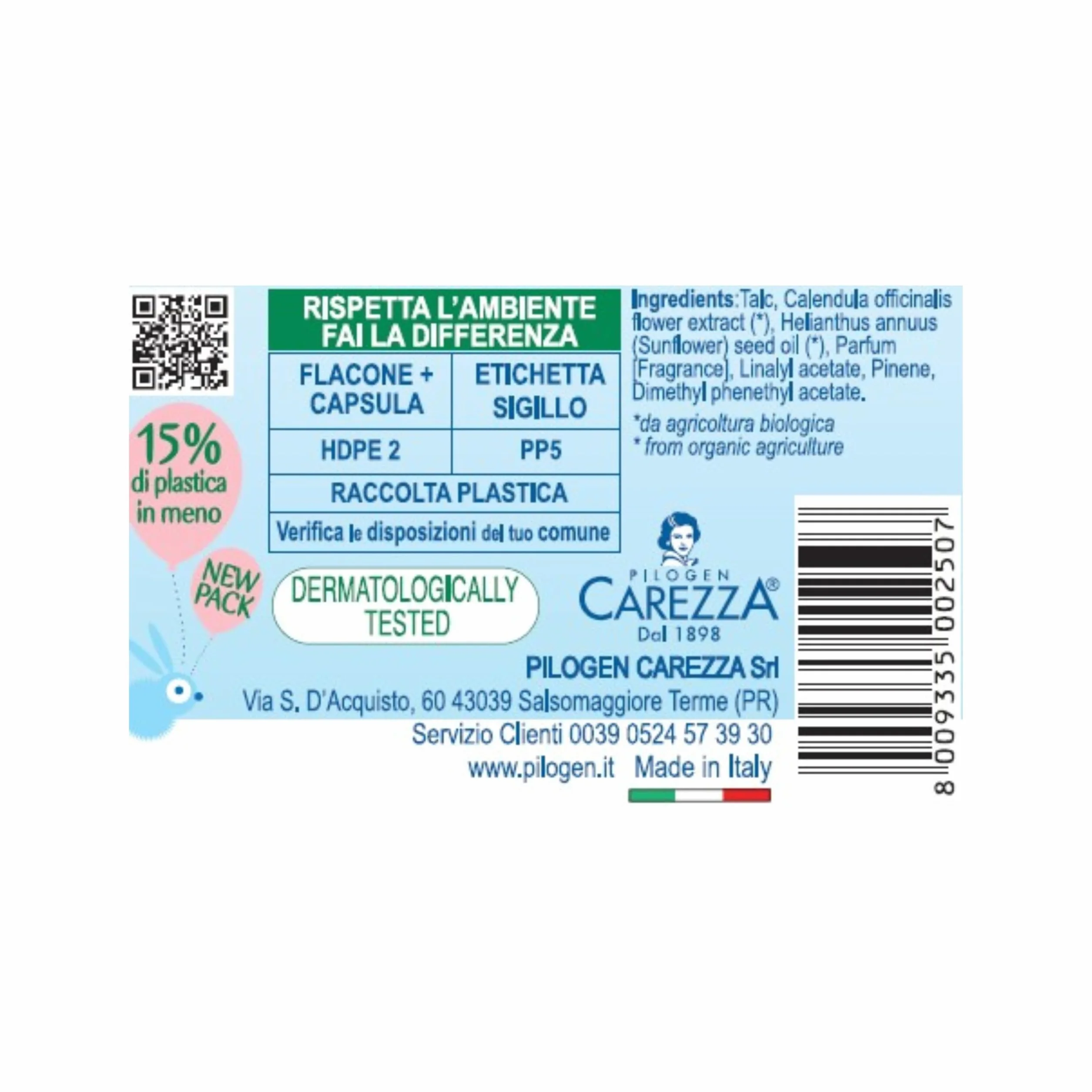 Pilogen Carezza - Bio Baby, Talco alla Calendula 100% Biologico, per Neonati e Bambini, Rinfrescante, Assorbente e Lenitivo, Ideale per la Pelle Sensibile, Formulazione in Polvere, 150 gr