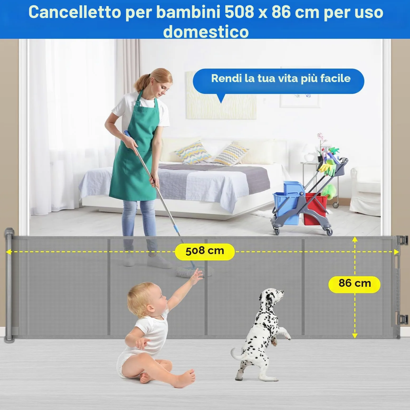 Cancelletto di Sicurezza Retrattile per Bambini, 0-500 cm (Grigio) | Cancelletto Estensibile per Bambini Scale e Corridoi Interni ed Esterni Cancello per Cani