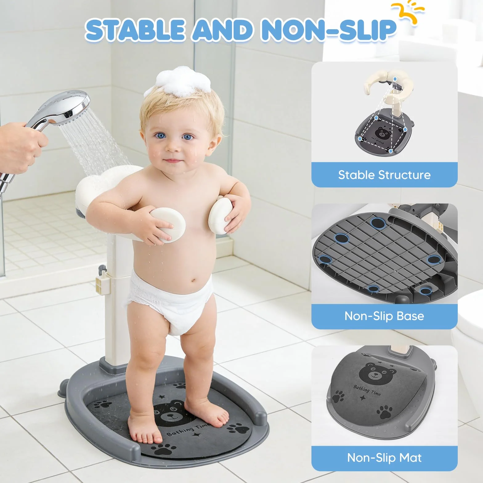 Supporto per doccia per bambini, regolabile in altezza 40-57 cm, sedia da bagno con base antiscivolo e sgabello rimovibile, senza BPA, supporto doccia per bambini da 6 a 36 mesi, per fare il