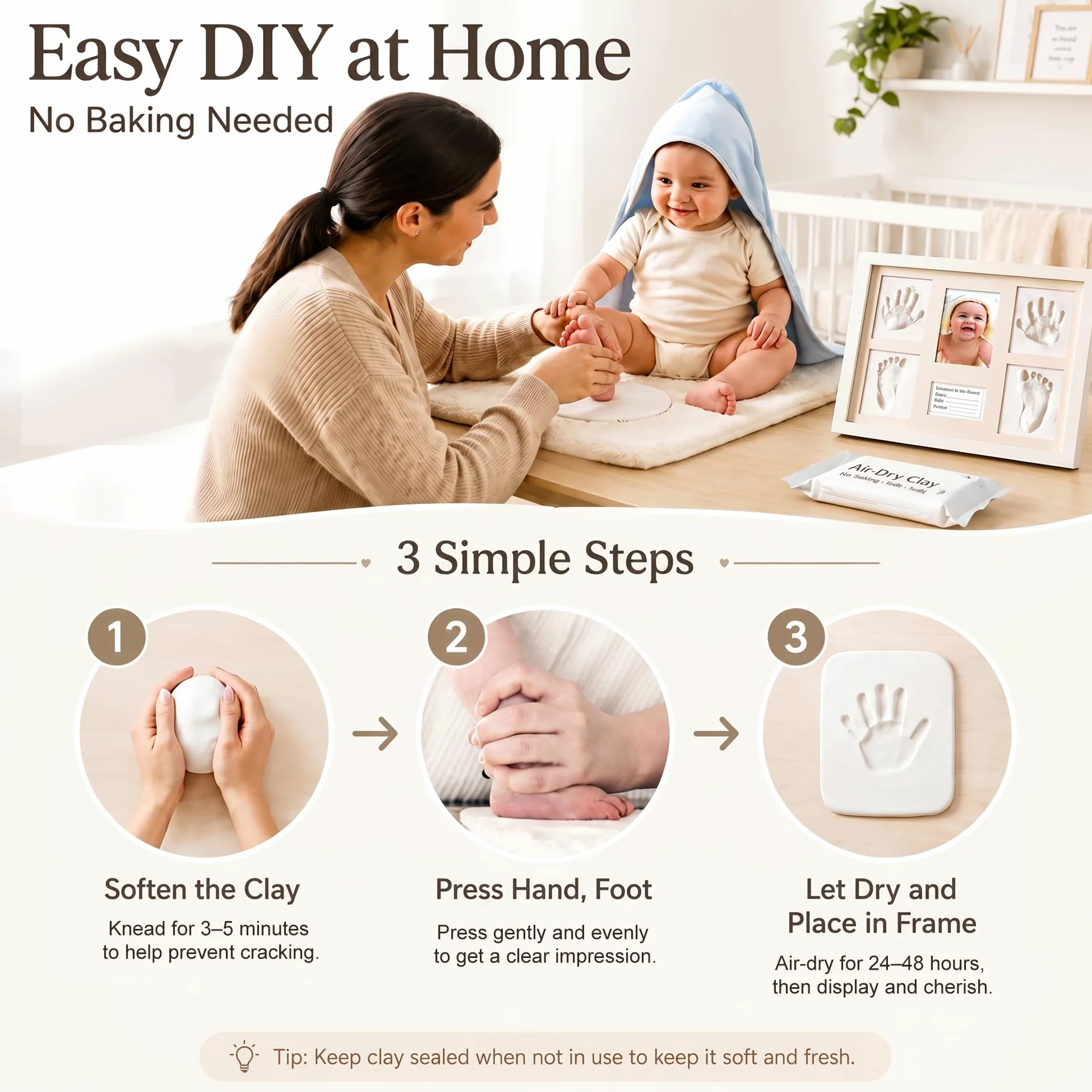 MICKYU Kit per impronte di mani e piedi del bambino | Accessori essenziali | Cornice per ricordi in legno massello, argilla asciutta all'aria aperta, regalo per neonati e baby shower