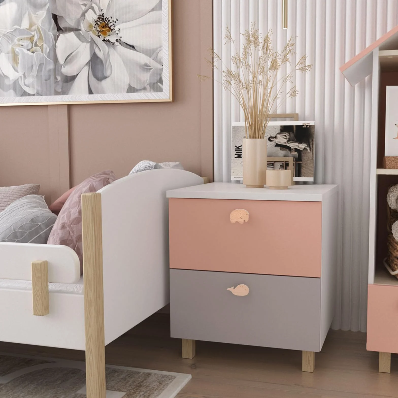 12 maniglie per cassetti in legno, a forma di animale, per bambini, per cameretta dei bambini, con bottoni in legno, con viti