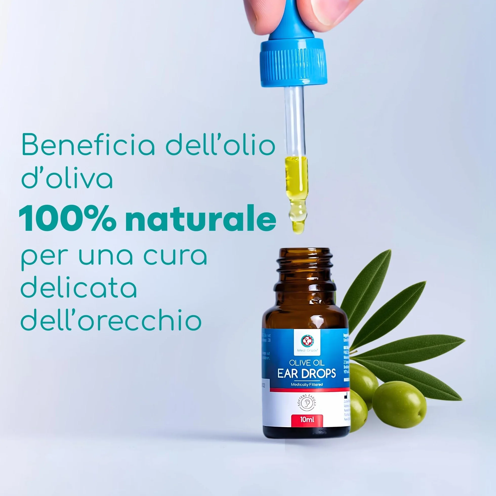 Medi Grade Gocce Auricolari all’Olio Oliva 100% Puro per Pulizia Orecchie – Olio per Rimozione Tappi di Cerume in Boccetta da 10 ml – Ammorbidisce e Rimuove i Tappi Orecchie – Sollievo Rapido