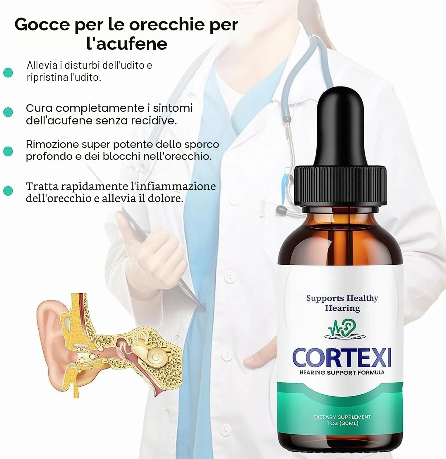 Cortexi - Gocce auricolari per acufene, cortexi, per la salute dell'orecchio, supporto dell'udito, sollievo dall'acufene, gocce per le orecchie all'olio d'oliva, olio d'oliva di grado medico per