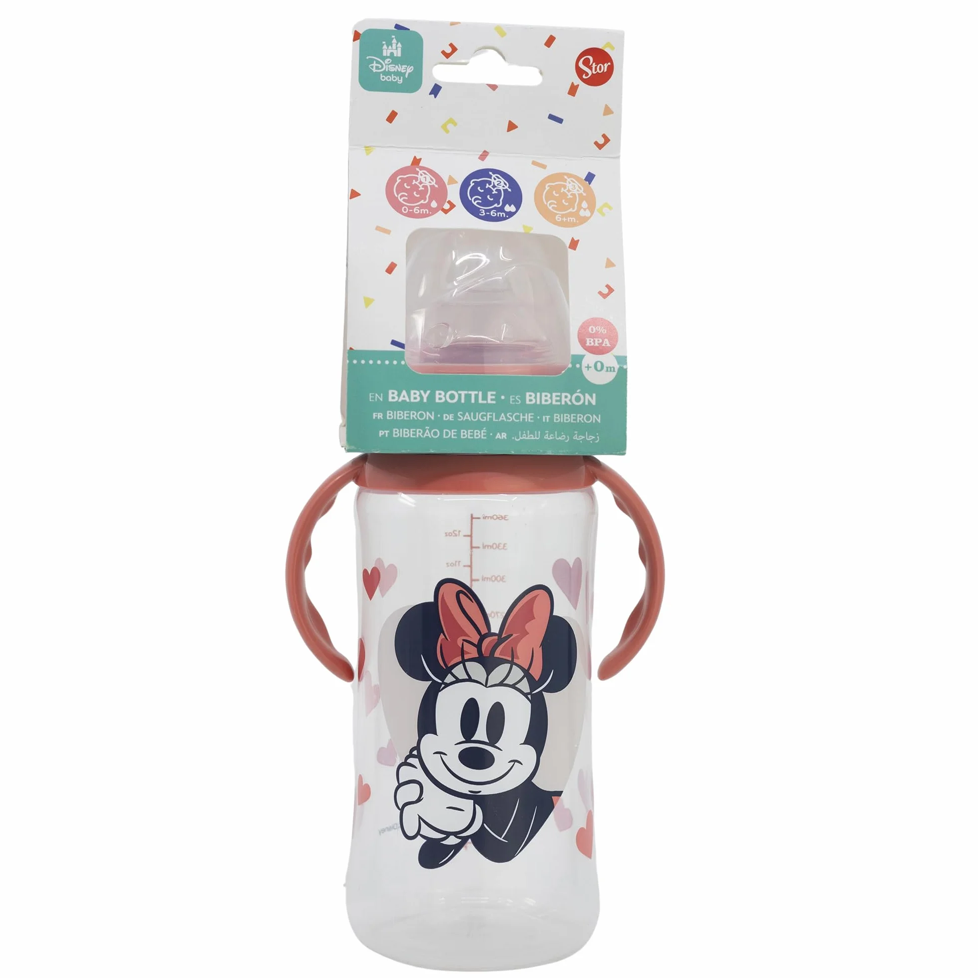 STOR Biberon con Manici Minni 360ml Collo Largo Tettarella Silicone 3 Posizioni Disney Baby Sistema Anti-Coliche Senza BPA 0 Mesi Plus