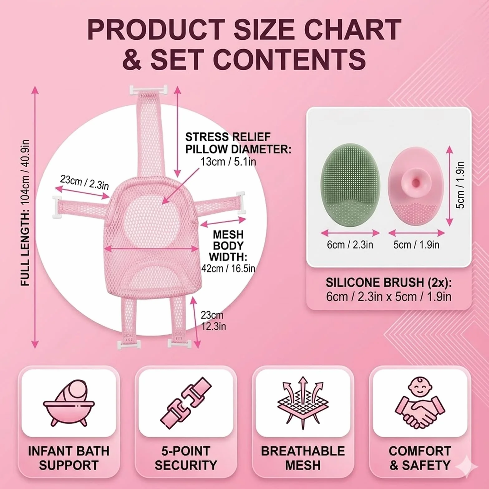 1 pezzo Cuscino per il bagnetto del neonato, Supporto per neonati, Rete antiscivolo, Due spazzole per shampoo incluse, Tappetino da bagno galleggiante per bambini (5 angoli)(Rosa)