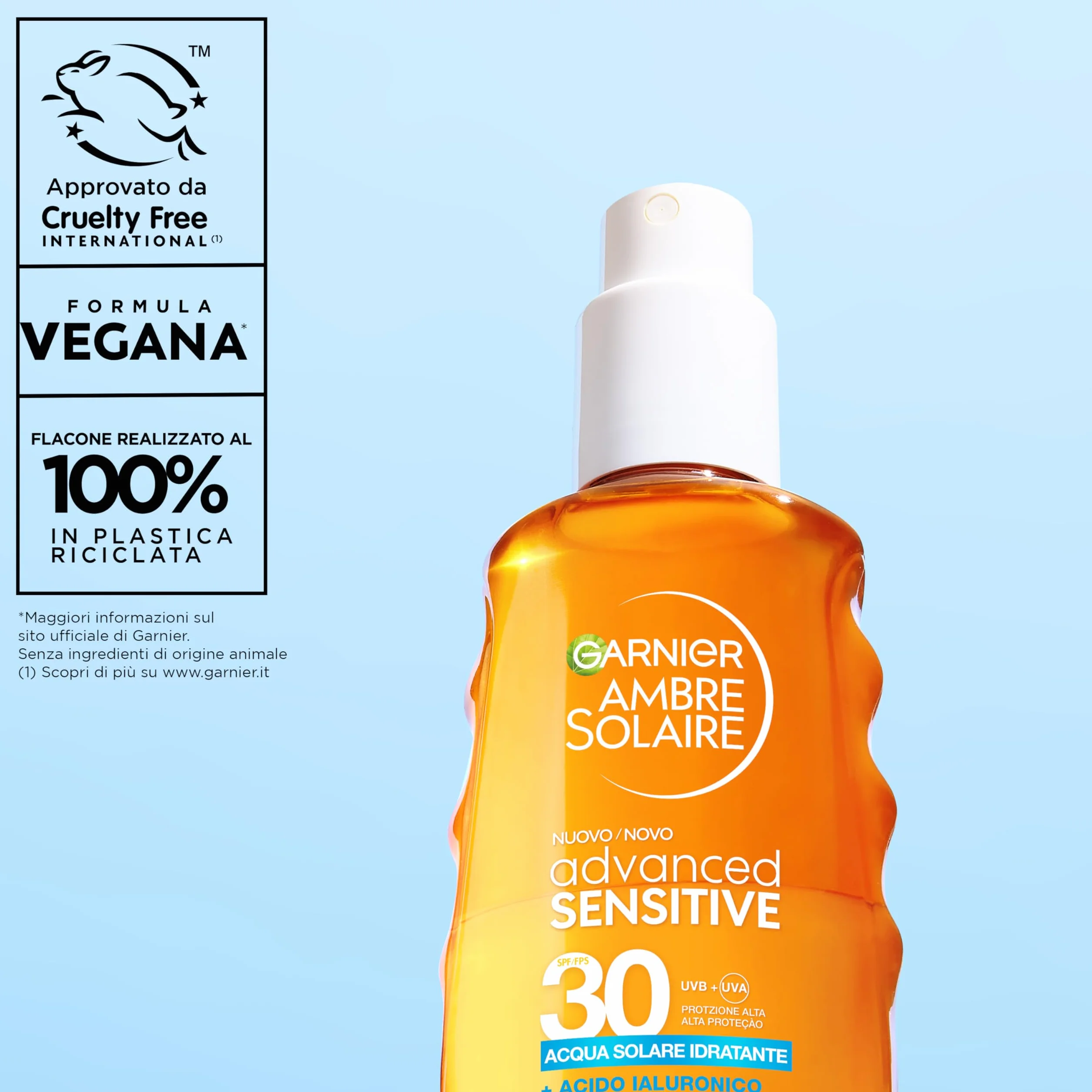 Garnier Acqua Solare Idratante SPF 30, Per Tutti i Tipi di Pelle, Idratazione e Protezione dagli UV, Resistente ad Acqua, Sudore e Sabbia, Finish Invisibile, Ambre Solaire Advanced Sensitive, 150 ml
