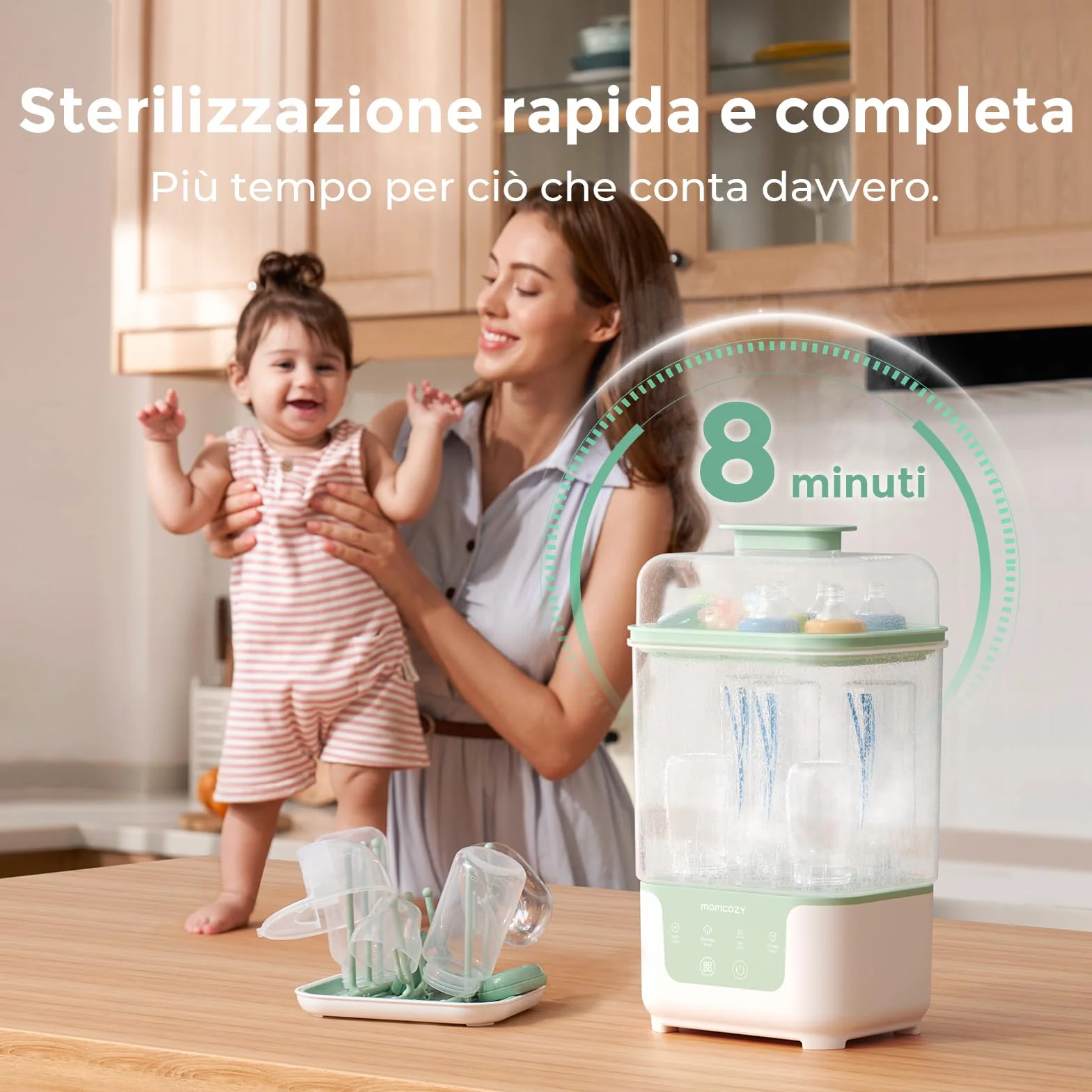 Momcozy Sterilizzatore e Asciugatrice per Biberon, Capacità 6 Biberon, Sterilizzatore Compatto 4 in 1 per Biberon, Parti per Tiralatte e Articoli Essenziali per Neonati, Stendibiancheria Incluso