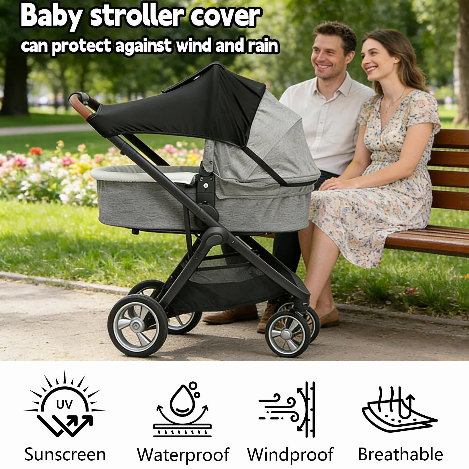 Parasole per passeggino con finestra, impermeabile, regolabile, universale, con protezione UV (nero)