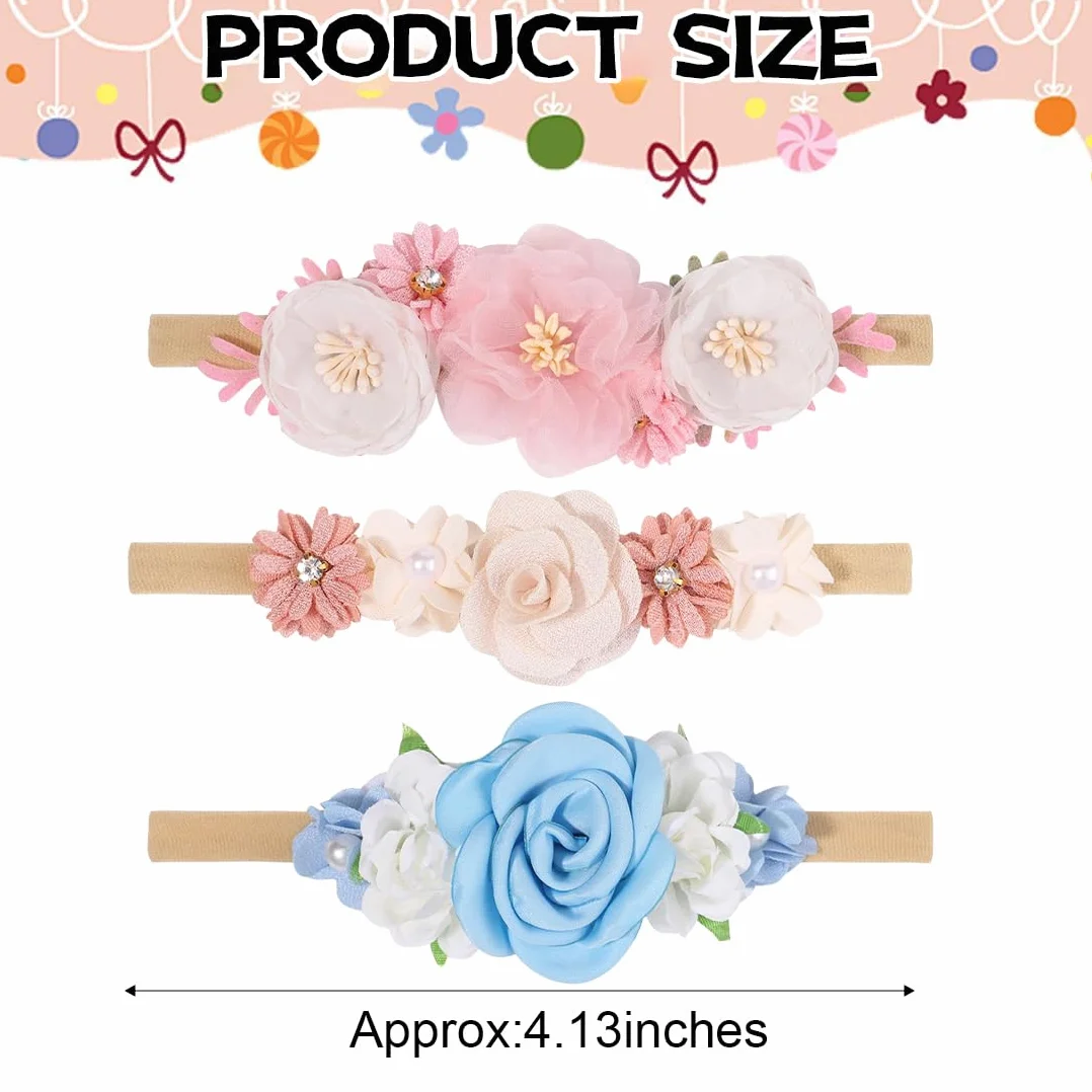 Set 3 Fasce Capelli Neonato – Fascia elastica morbida con fiocchi e fiori, Accessori capelli bambina per foto, uso quotidiano e idea regalo