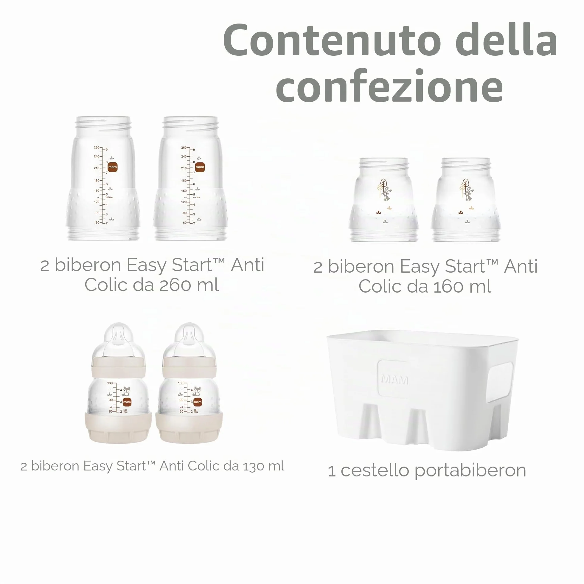 MAM Easy Start - Set di 6 biberon anti-coliche (2 x 130 ml, 160 ml, 260 ml) e cestino per biberon, colore: Beige