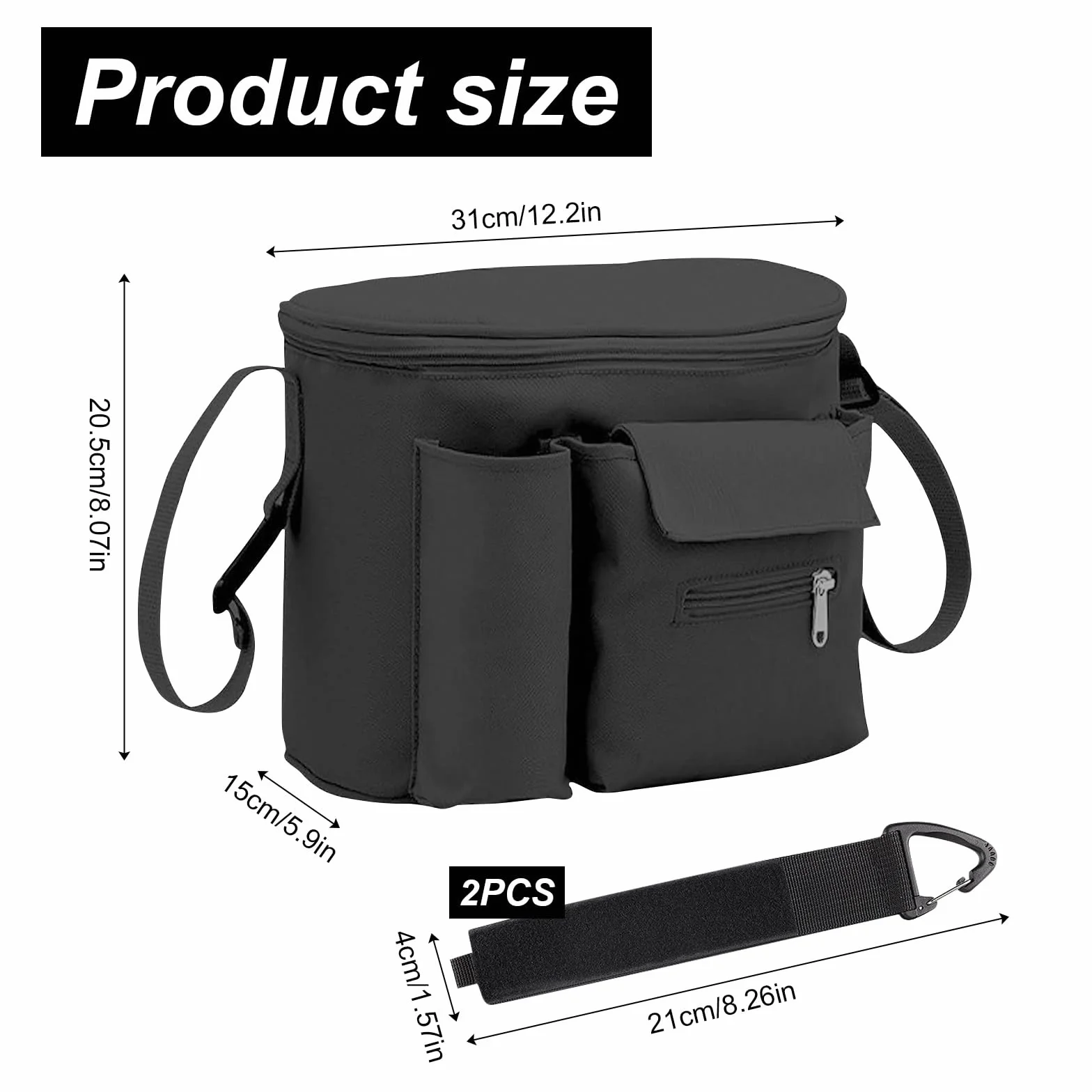 BouGPeng Borsa Organizer per Passeggino con Cerniera e Tracolla e Portabicchieri Universale Portaoggetti da Appendere Passeggino Impermeabile Nero Organizzatore per Passeggino Bambini