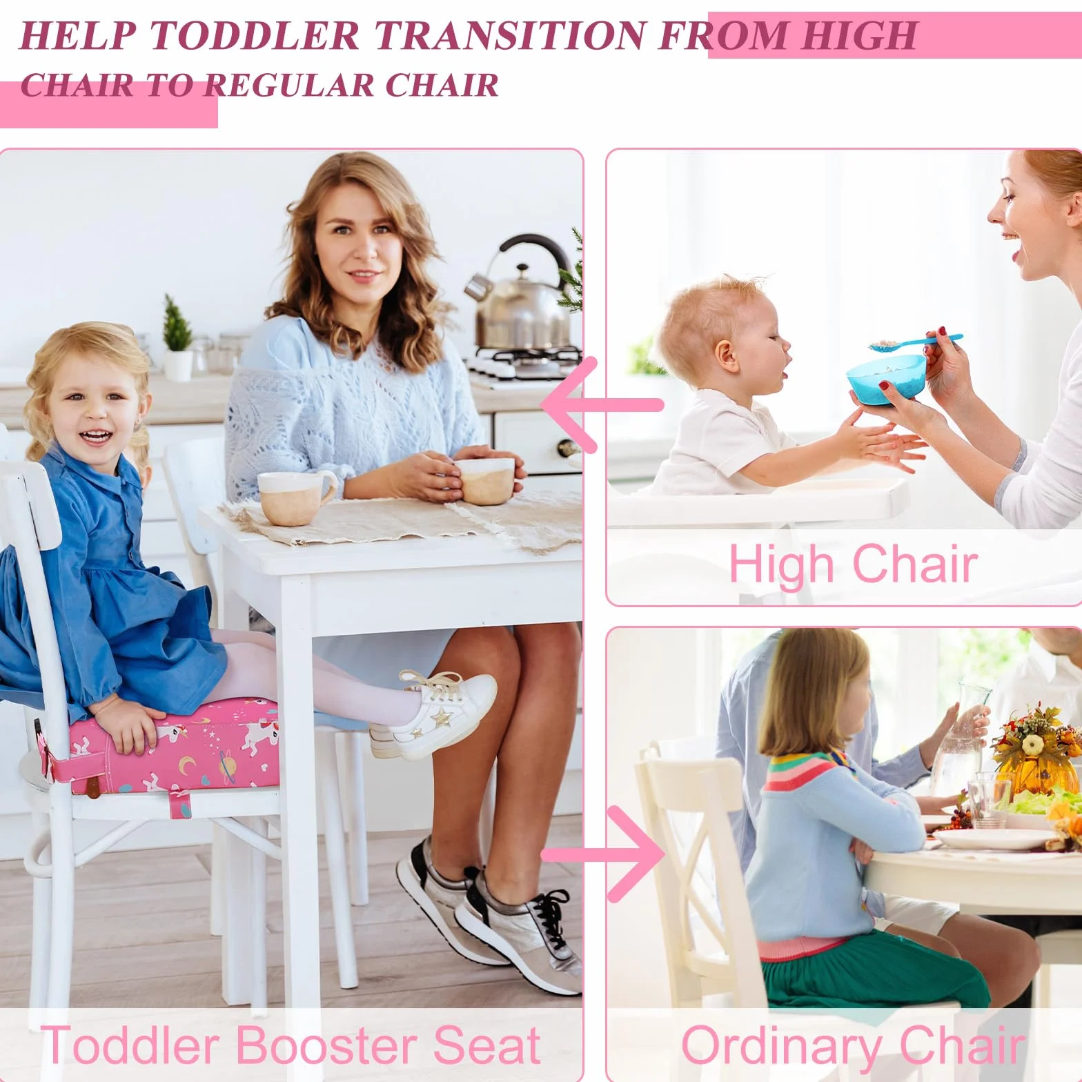 Rialzo Sedia Bambini Lavabile Rimovibile Portatile Cartone Animato Rialzo Sedia Bambini da Tavolo 2 Regolabile Cinghiette Antiscivolo Alzasedia Bambini Portatile per Usare Casa Viaggio(Rosa)