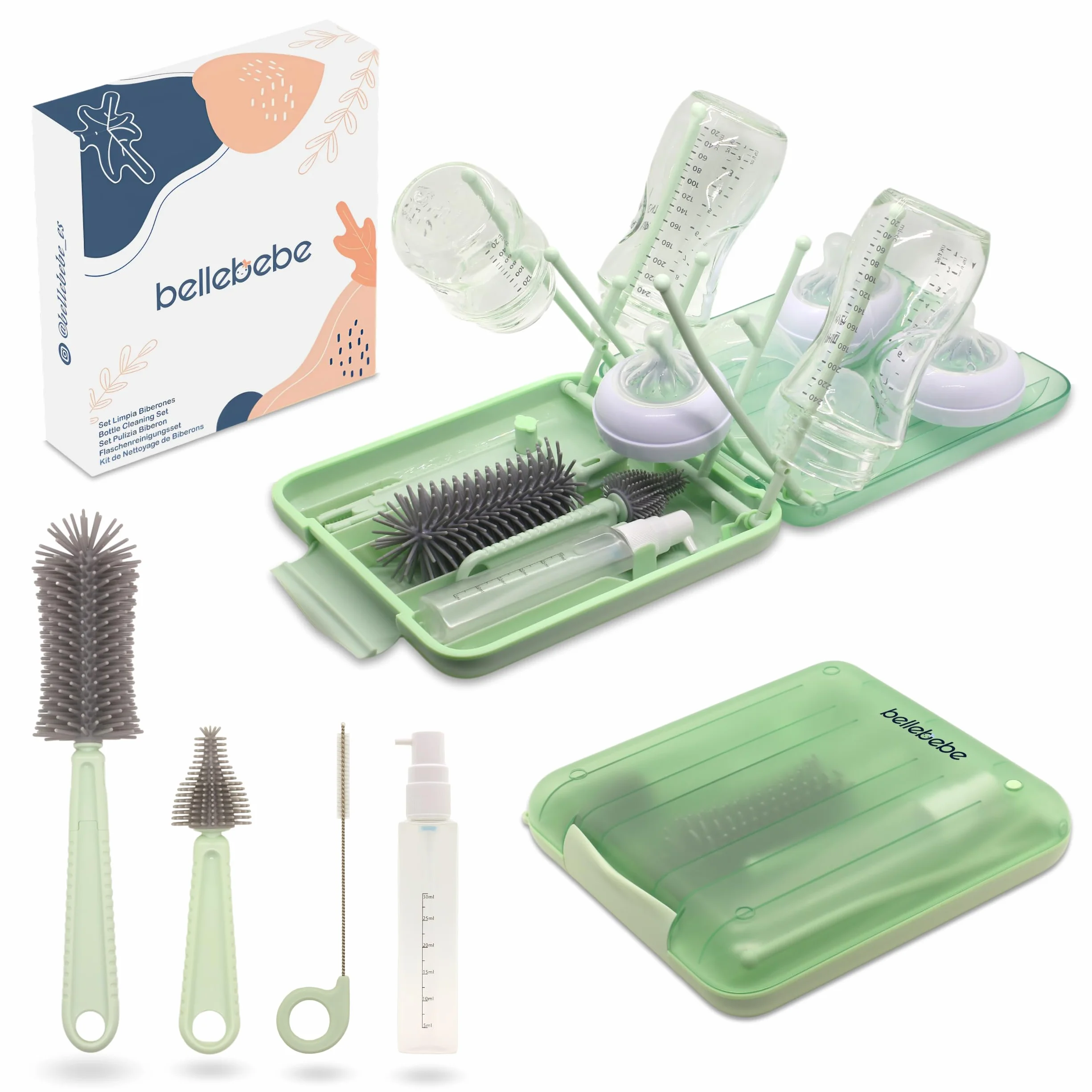 BELLEBEBE Set Escurre Biberones con Limpia Biberones - 6 en 1 Kit Cepillo Limpia Biberones con escurre biberones Plegable - Portatil - Transportable - Regalo para Bebe - SIN BPA - Verde