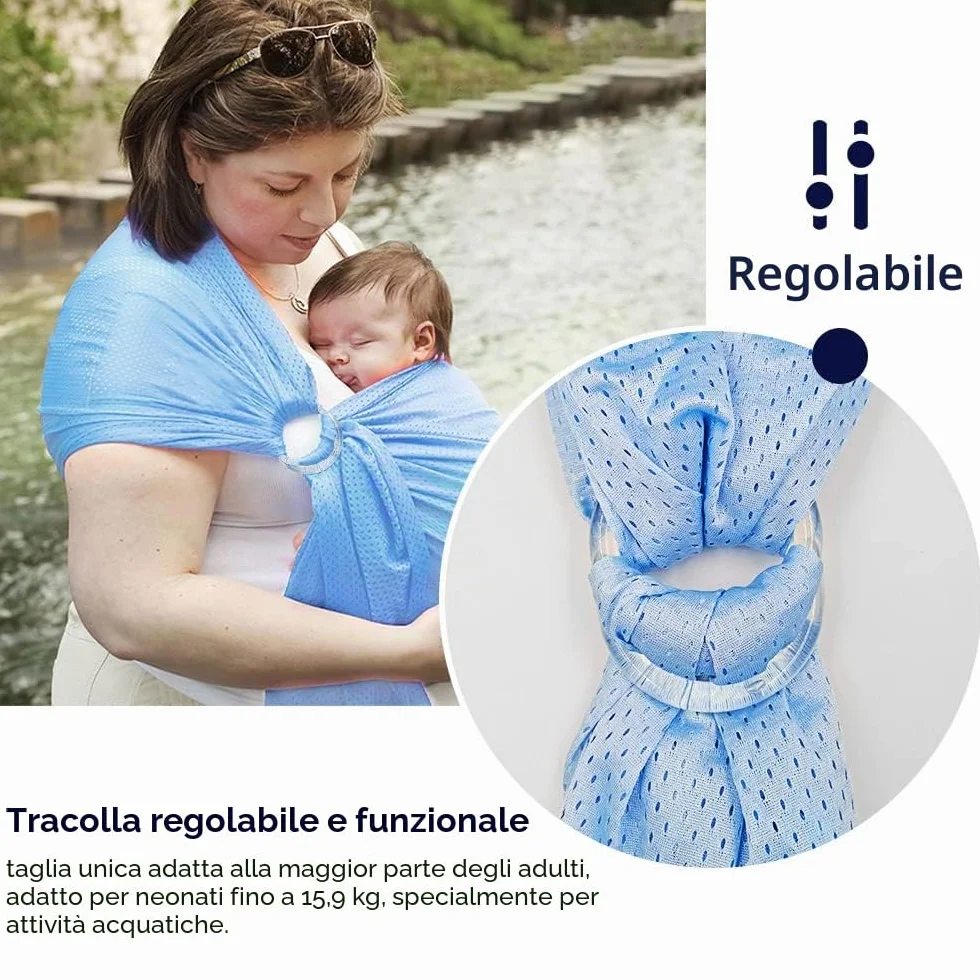 Fascia per bebè regolabile, con anello ad acqua, traspirante, ad asciugatura rapida, in tessuto a rete, perfetto per l'estate, il nuoto, la piscina, la spiaggia (azzurro)