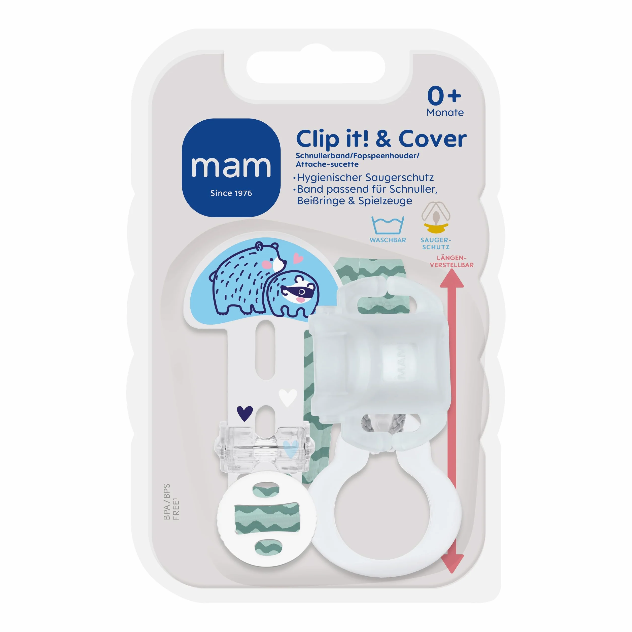 MAM Clip it! & Cover portaciuccio con protezione tettarella, supporto regolabile in lunghezza con anello rimovibile, adatto per ciuccio, massaggiagengive e giocattoli, orso